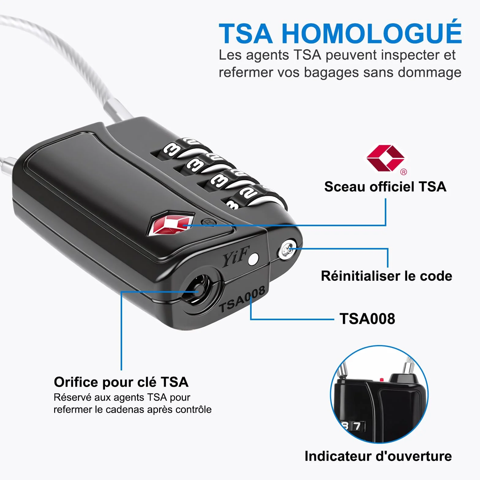 Diyife TSA008 Cadenas Code 4 Chiffres avec Alerte Rouge à l'Ouverture, Câble d'Acier 3 mm, Cadenas Valise pour Bagage Cabine, Casier & Camping