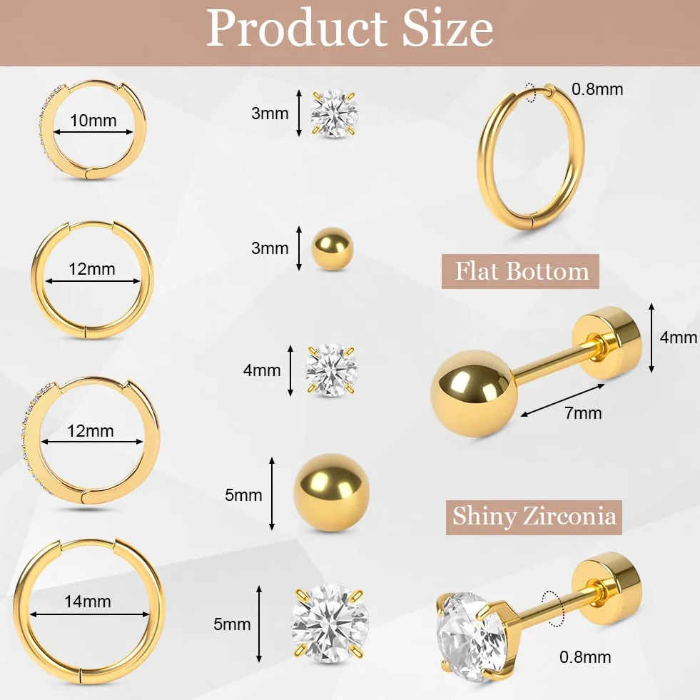 Boucles d'Oreilles Acier Inoxydable 9 Paires Femmes Creoles Clous Hypoallergéniques Cartilage Helix