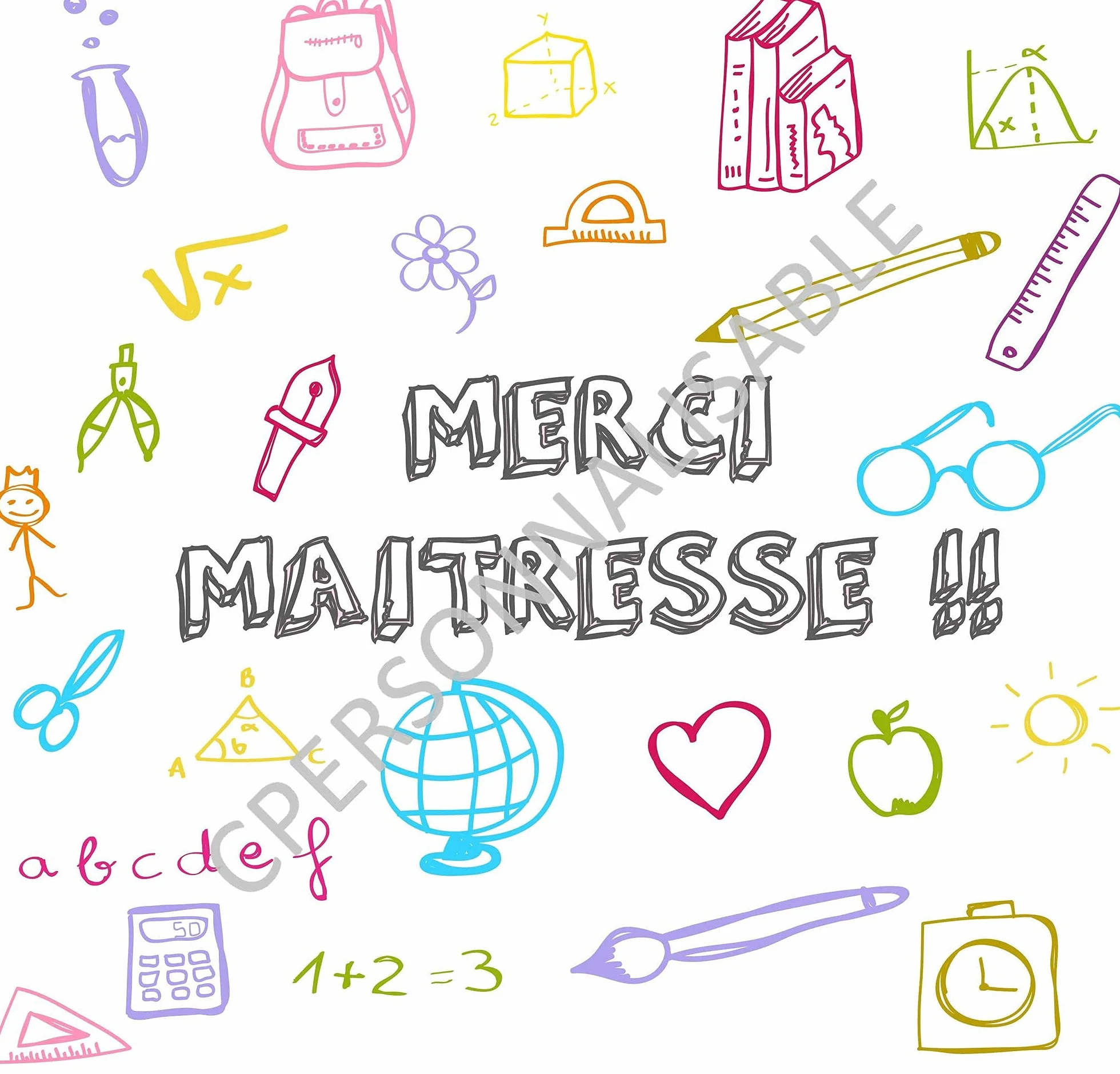 Trousse imprimée personnalisable Merci maîtresse en coton bio, cadeau institutrice