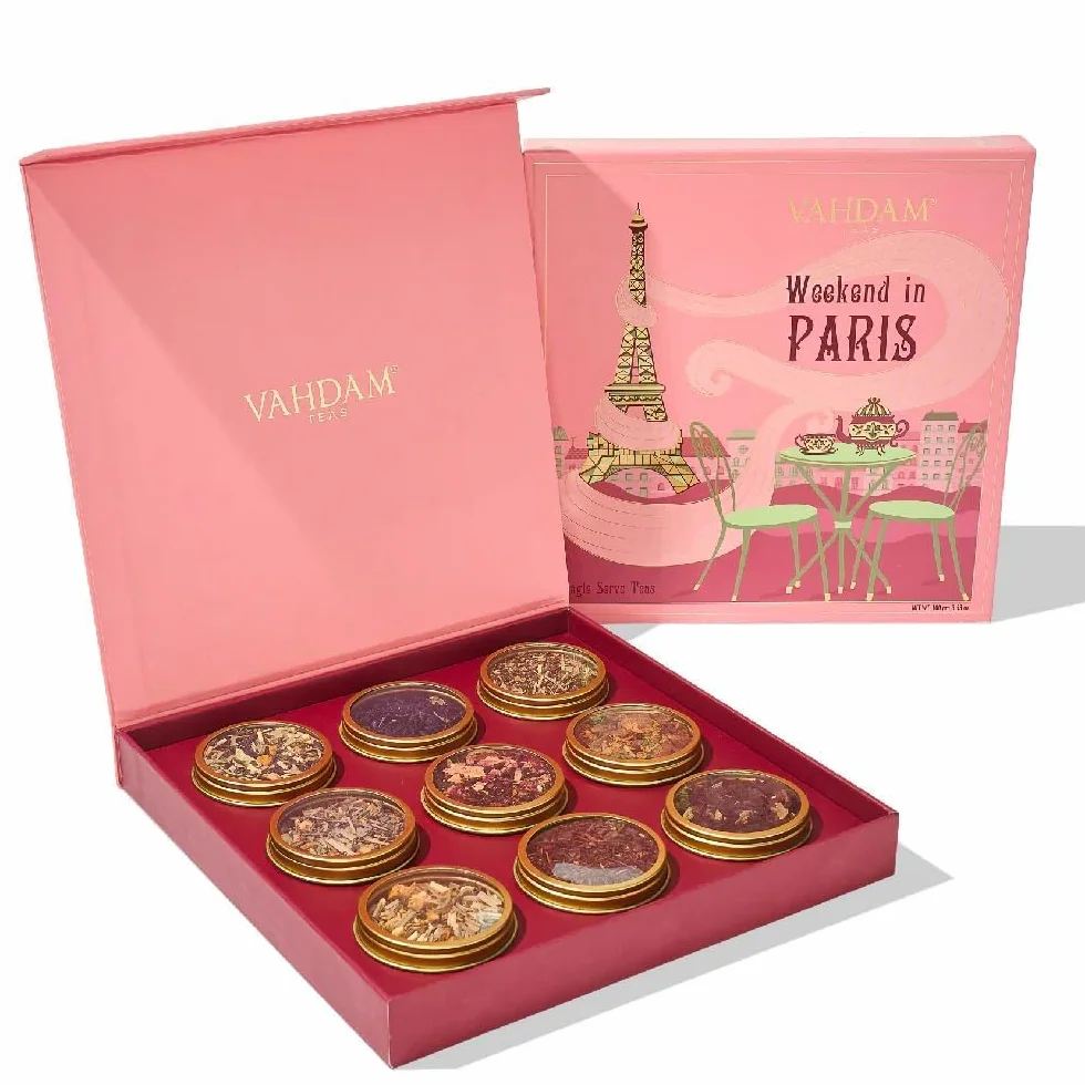 VAHDAM, Week-end à Paris - Coffret Cadeau de Thés | Assortiment de 9 Mélanges de Thés - Thé Chai et Thés Noirs | Sans Gluten, Sans OGM | Coffret Cadeau de Thés pour Femmes et Hommes