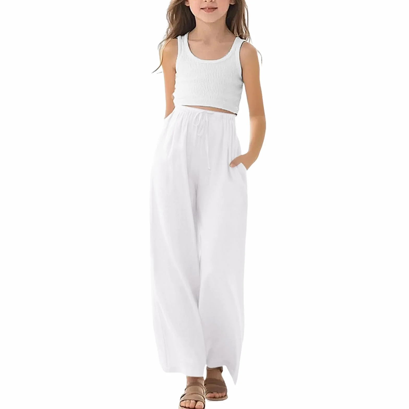 Pantalon de survêtement doux léger jambe large taille haute extensible enfants uni droit décontracté sport avec poches