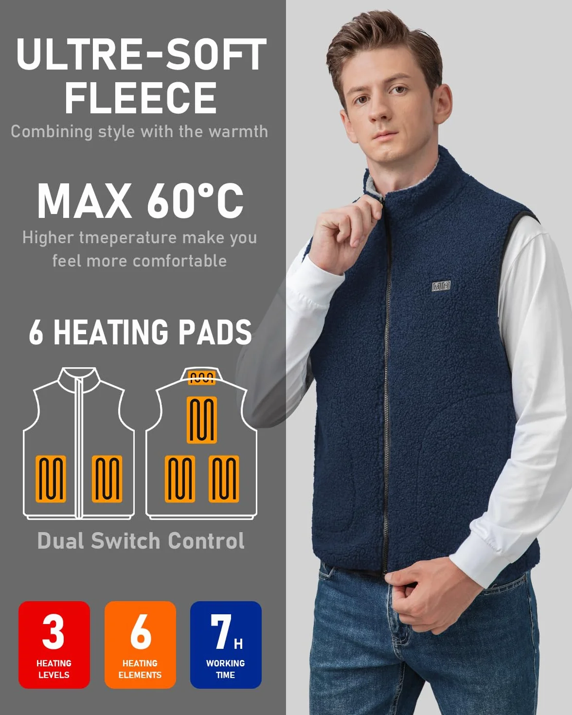 Gilet Chauffant Homme Femme - Veste Chauffante Polaire 6 Zones 3 Niveaux USB Powerbank 10000mAh Lavable