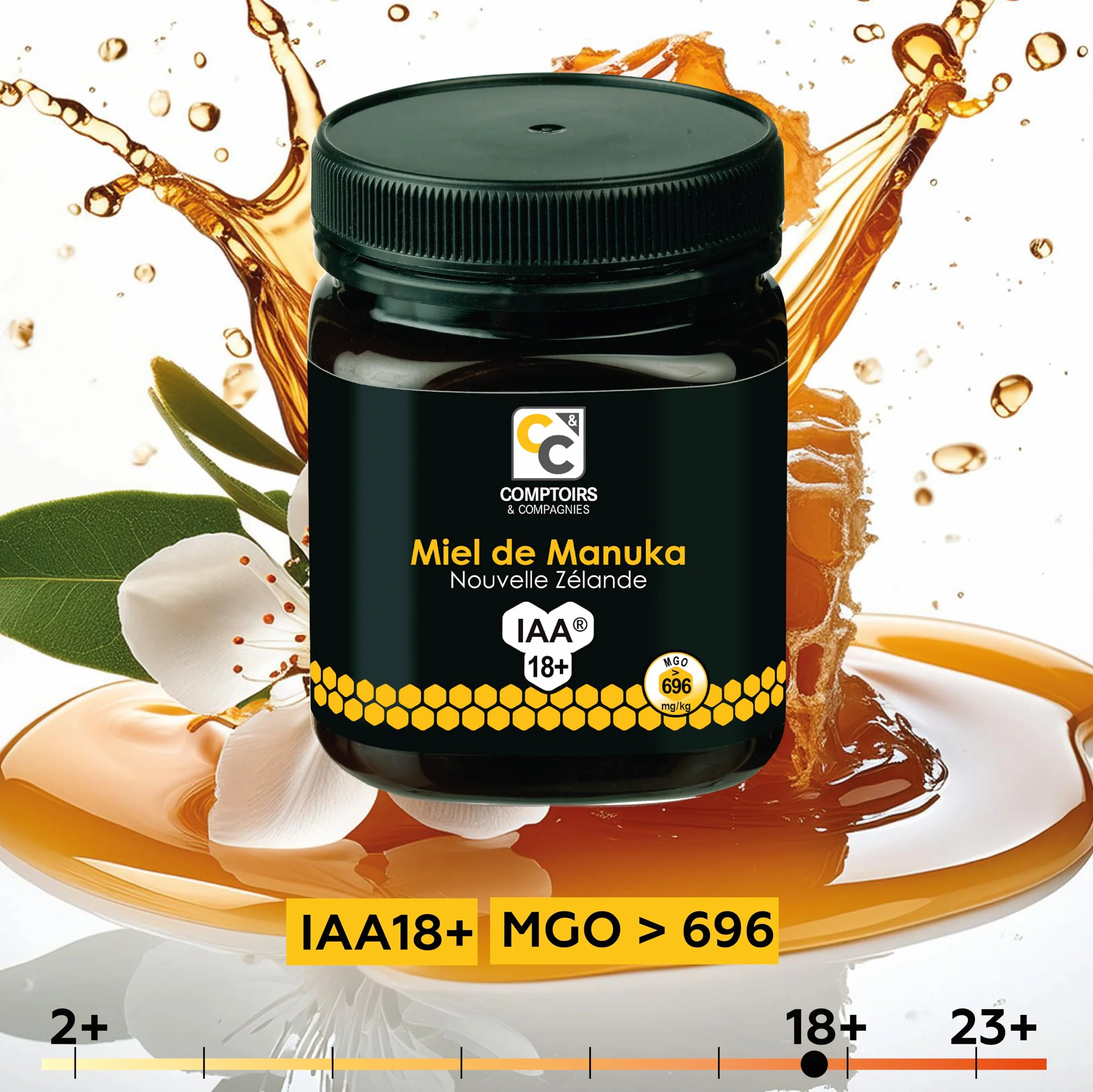 COMPTOIRS ET COMPAGNIES - Miel de Manuka Actif - IAA18+ (MGO696+) - Origine Nouvelle Zélande - 250g