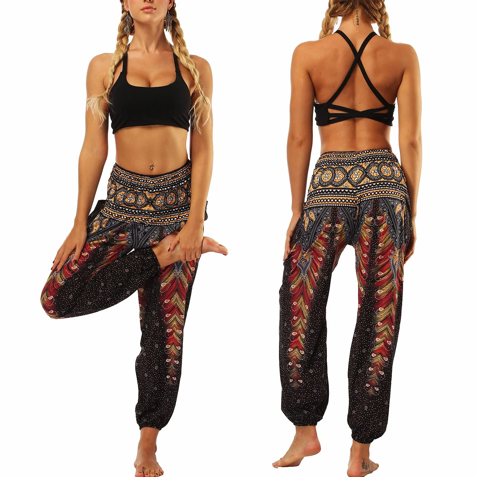 Nuofengkudu Femme Harem Pantalon Yoga Sarouel Baggy Taille Haute avec Poches Été