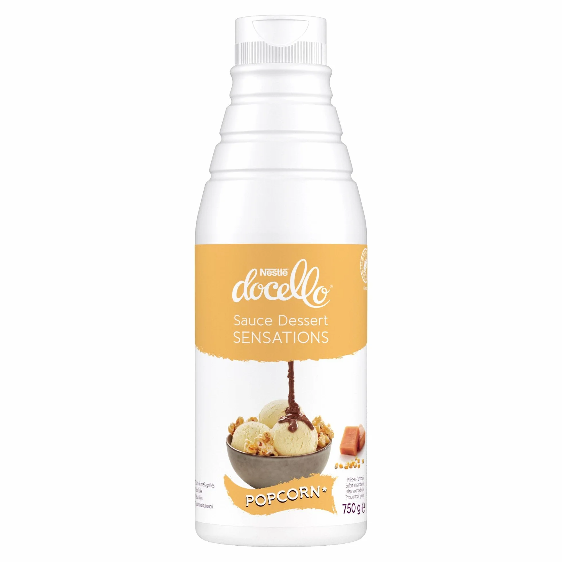 NESTLÉ DOCELLO Sauce Sensation Caramel Popcorn - Sauce Dessert au Caramel Saveur Popcorn - Avec Eclats de Maïs Grillé - Aide à la Pâtisserie, Topping, Nappage Gâteau, Coulis - Bouteille Squeeze - 750g