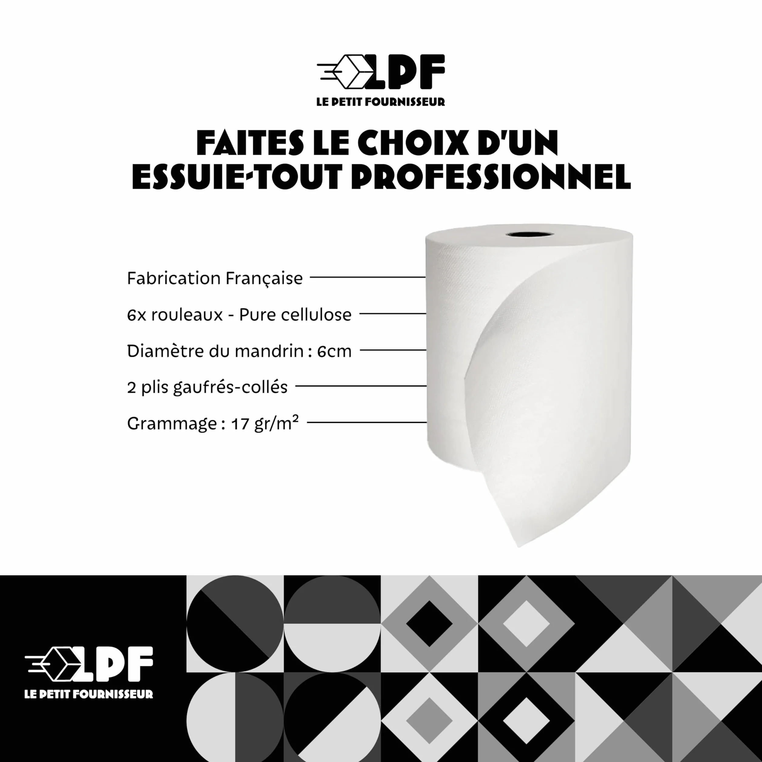 LPF LE PETIT FOURNISSEUR – Essuie-Tout Professionnel Dévidage Central – 450 Feuilles 18x18cm – Double Épaisseur Pure Ouate – Absorbant & Résistant – Contact Alimentaire – Made in France – Lot de 6