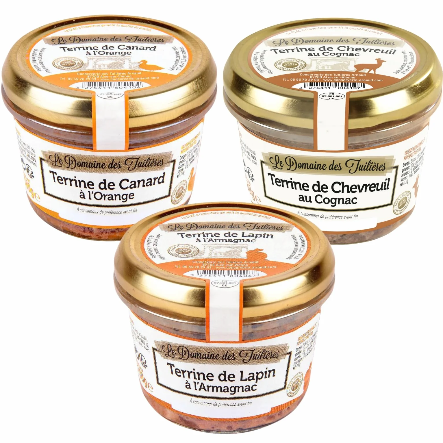 Trio de Terrines - Chevreuil/Canard/Lapin sans conservateurs artificiels | 3 bocaux de 180g pour un apéritif ou une entrée réussis
