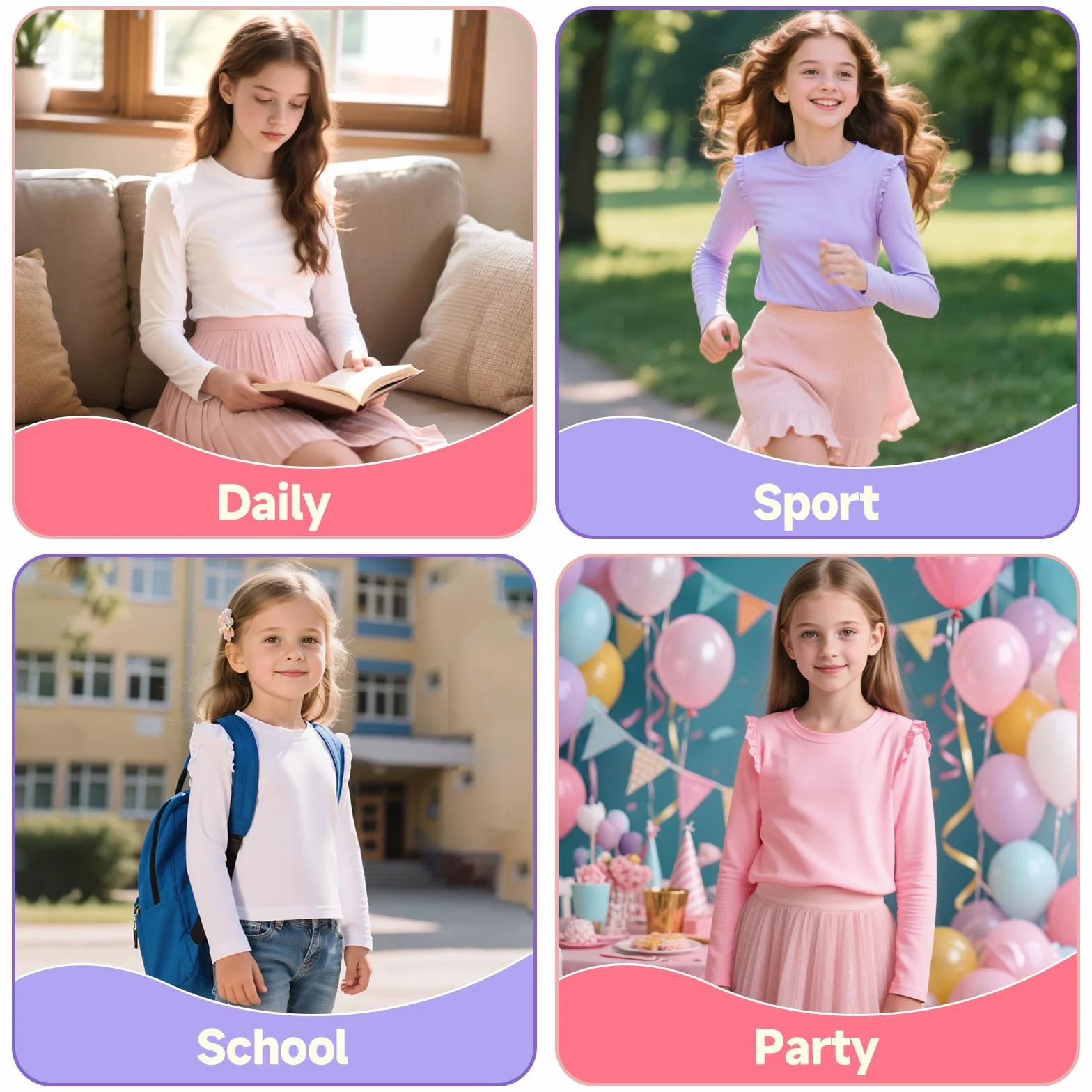 JinBei T-shirt Fille Coton Col Rond Manches Longues Volanté Doux Tops Couleurs Unies Enfants 4-11 Ans
