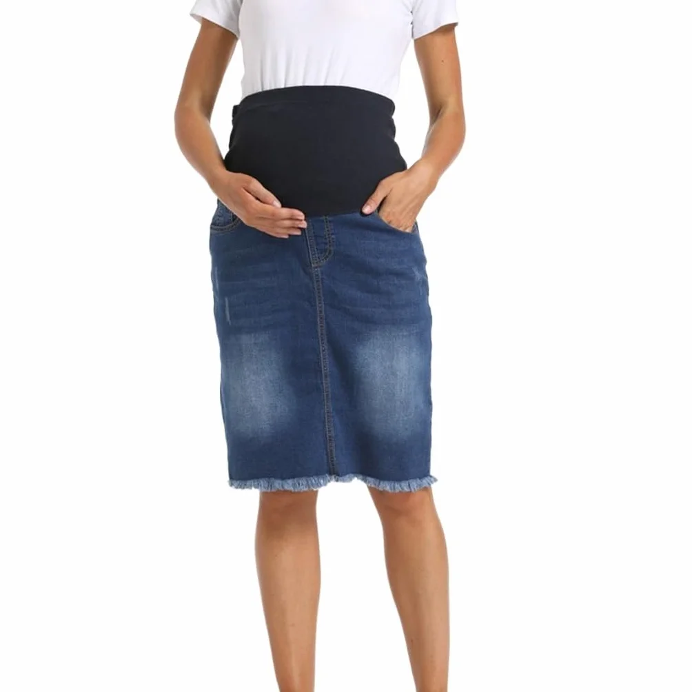 Jupe en Jean Taille Haute Ourlet Brut pour Femmes Enceintes avec Poches