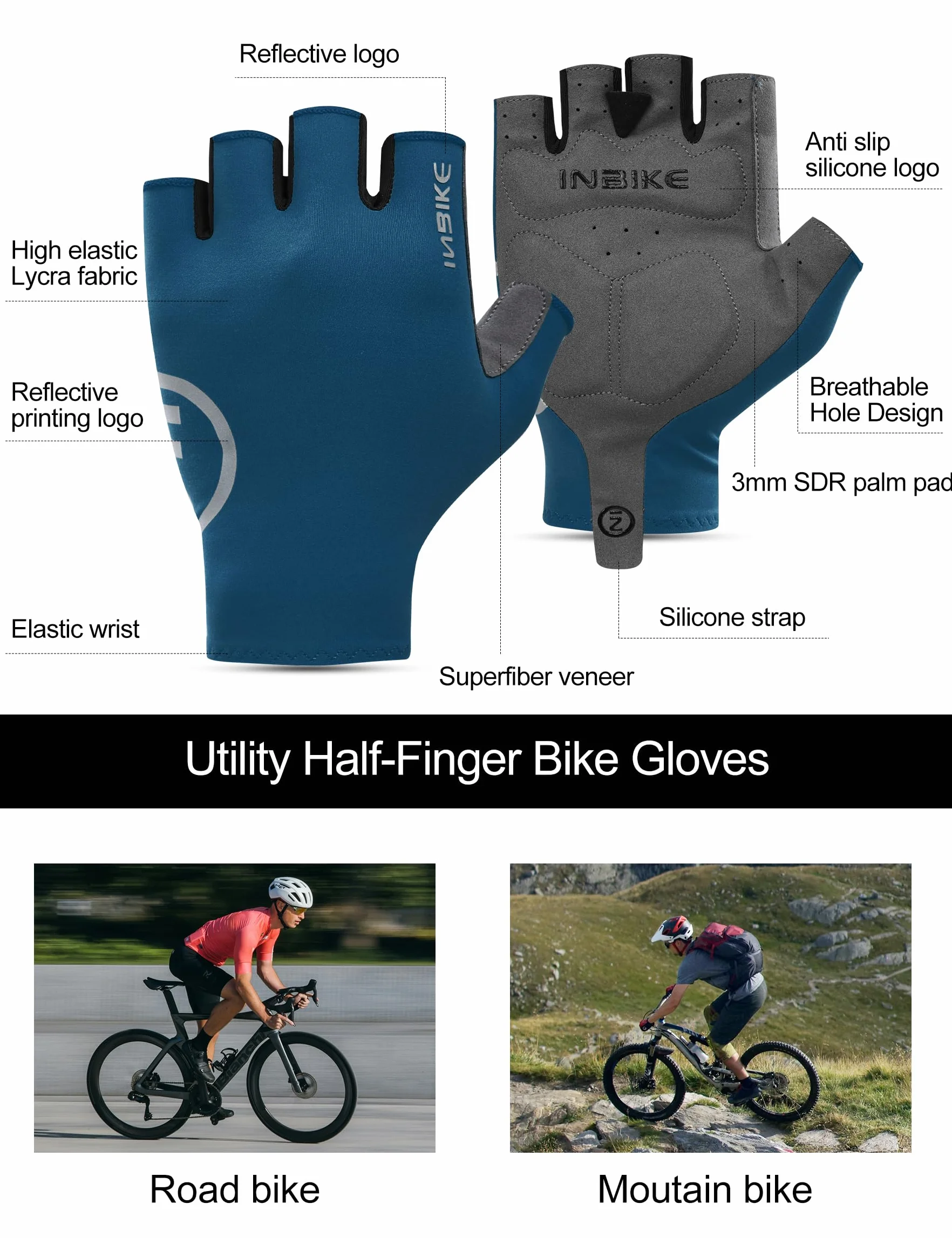 INBIKE Gants de Cyclisme d'été Courts Unisexe VTT Homme Femme Tissu Frais Léger Respirant Séchage Rapide Antidérapants Sport