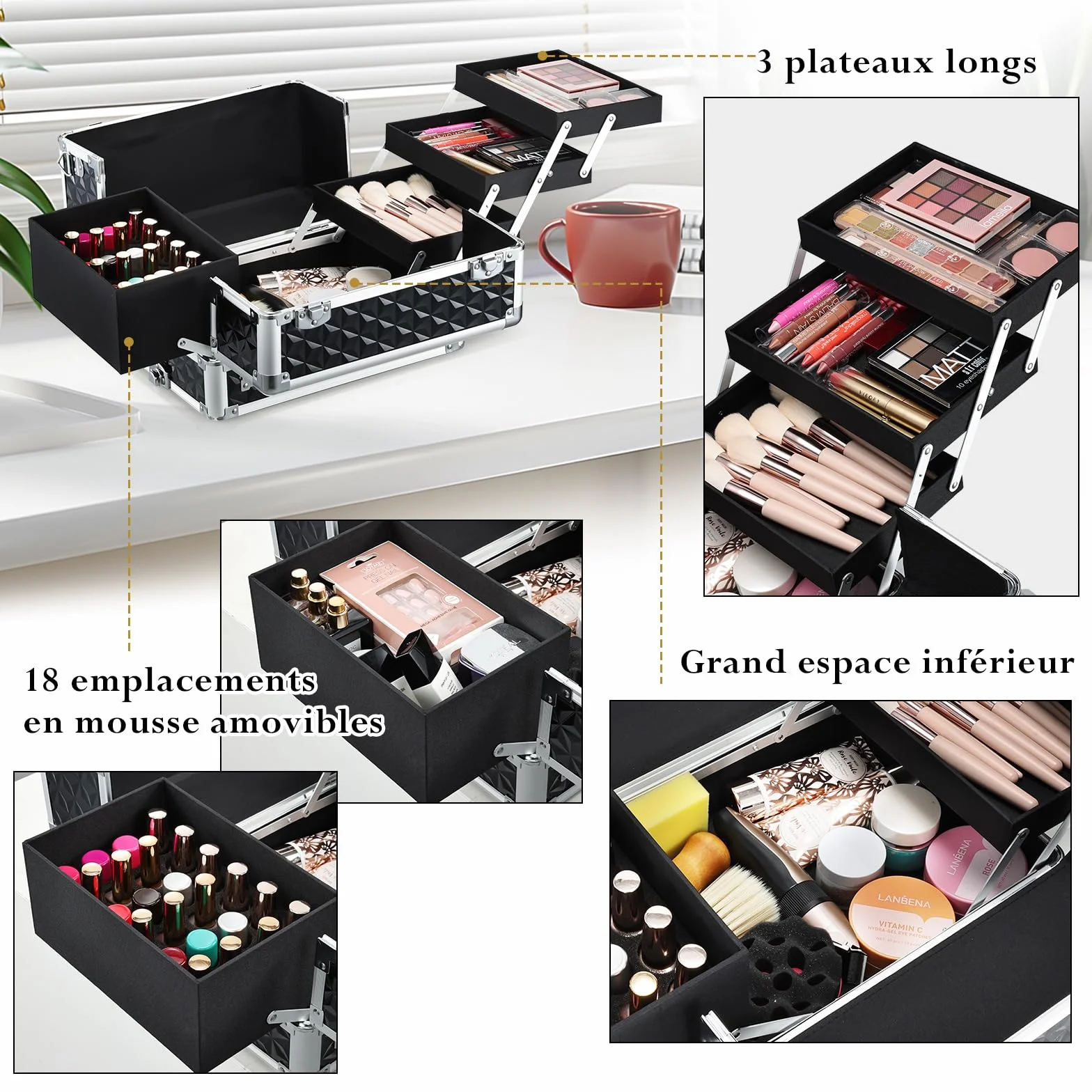 Valise Maquillage Professionnelle Trolley Beauty Case Noir foncé