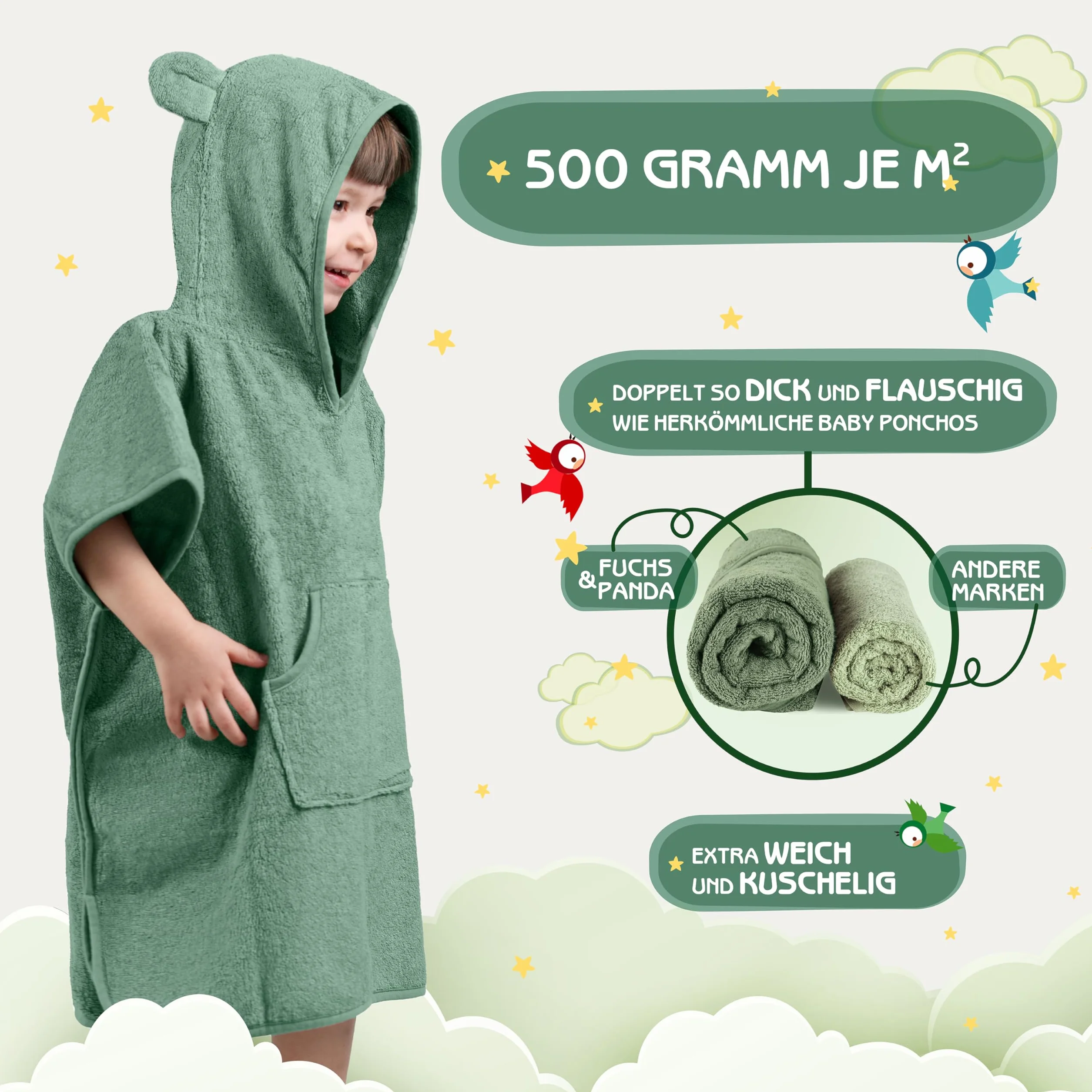 Poncho de bain pour enfants Fuchs&Panda 100% bambou extra chaud et doux Rame-Vert