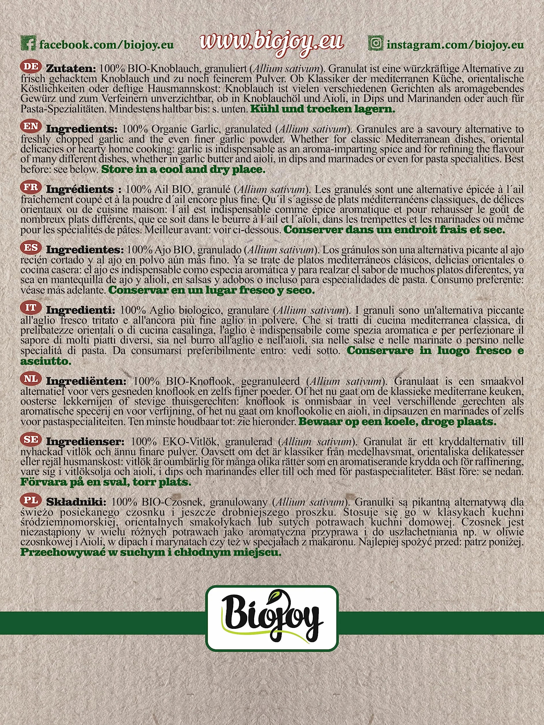 Biojoy Ail granulé BIO (1 kg), Granulés d'Ail séché (Allium sativum)