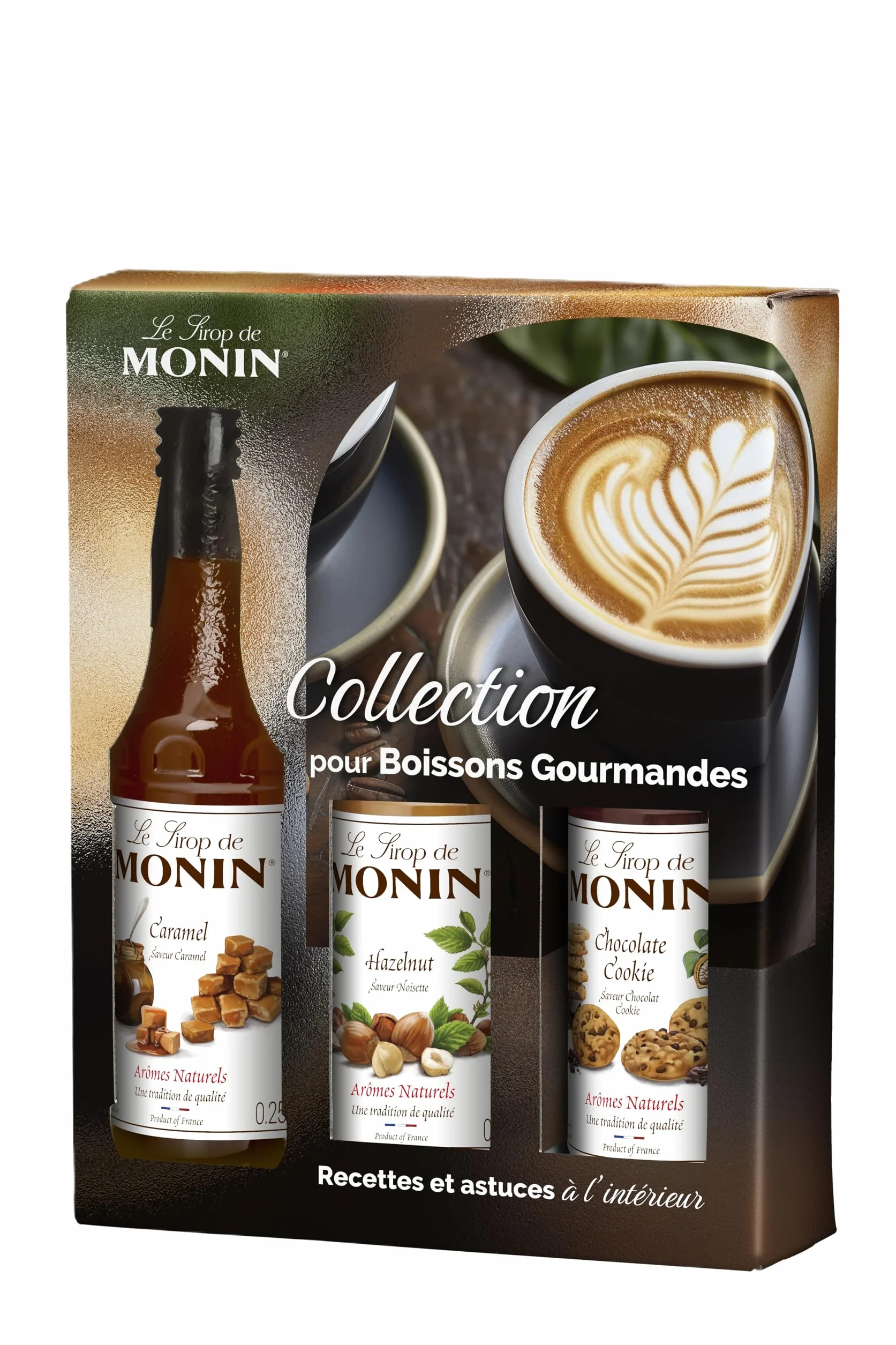 MONIN - Coffret Sirop MONIN Pour Café Saveurs Noisette/Caramel/Chocolat Cookie - Pour Café, Chocolat Chaud, Capuccino ou Latte - Arômes Naturels - Bouteille en Verre - 3 x 25 cl