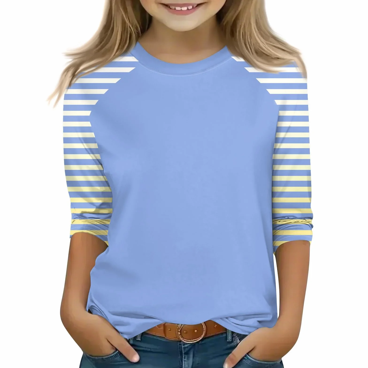 T-shirt à manches raglan pour fille avec manches 3/4 rayées, col rond en coton mélangé doux