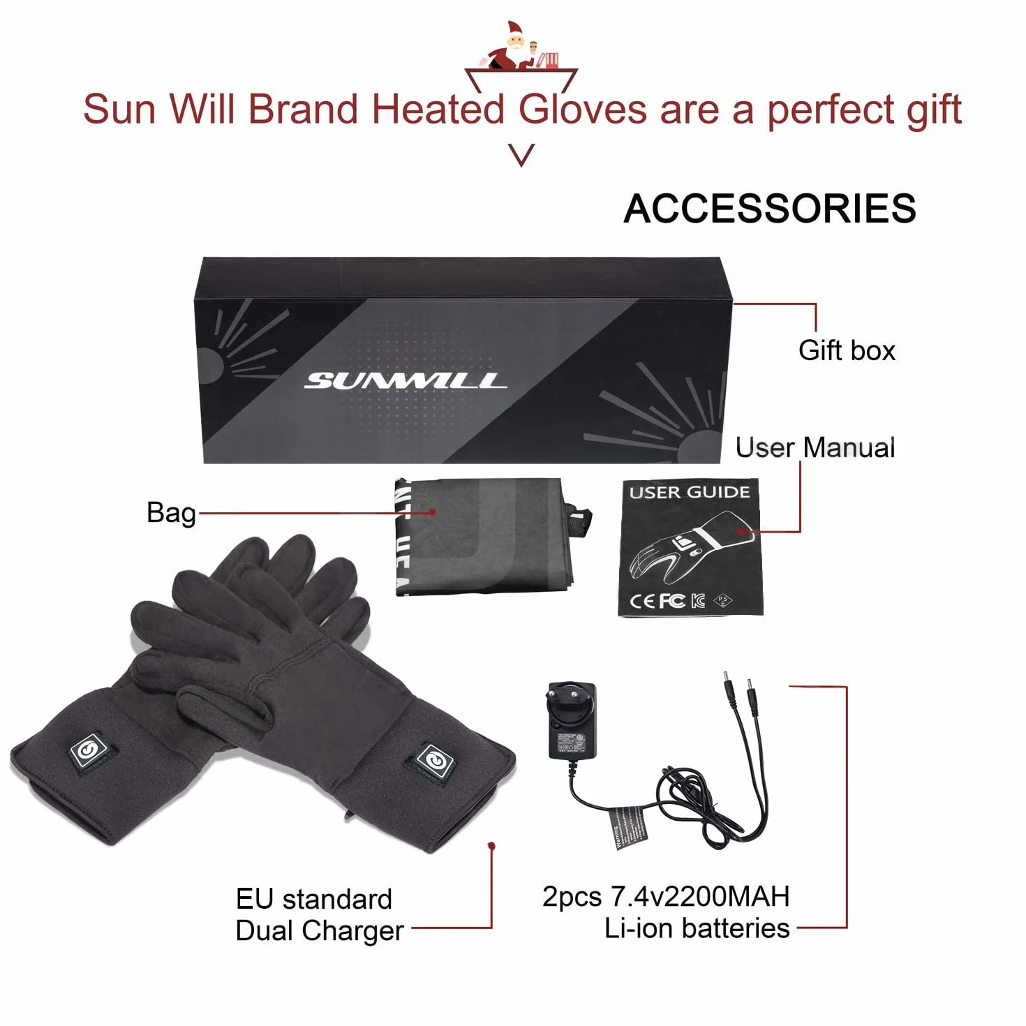 Gants Chauffants Électriques Sun Will 7,4V 2200mAh pour Homme Femme Cyclisme Ski Hiver