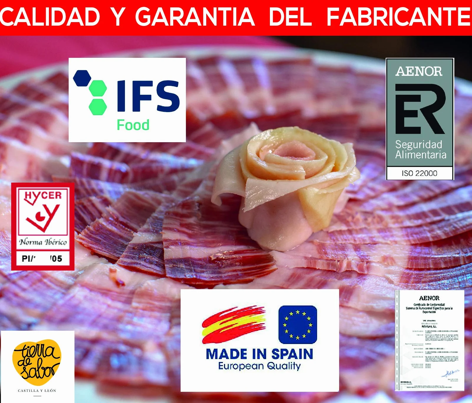 Jambon Ibérique Coupé à la Main 100 g (1 assiette) — Affinage +30 Mois — Certifié Hycer — Jamón Ibérico de Cebo — Guijuelo Espagne — aBeiou