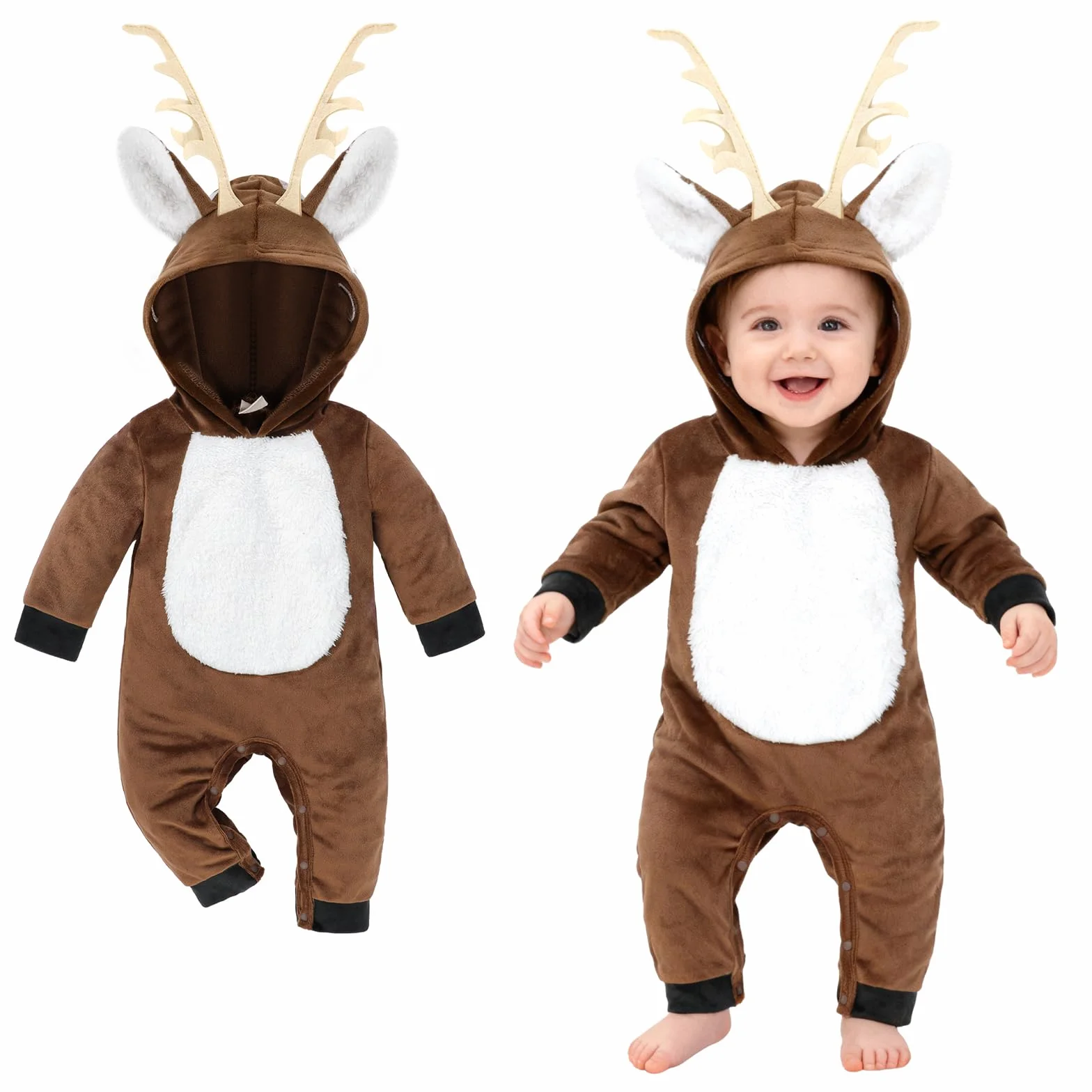 Deguisement Renne Bebe Garcon Fille Grenouillere Capuche Velours Chaud Hiver Tenue Noel Halloween 0-24 Mois