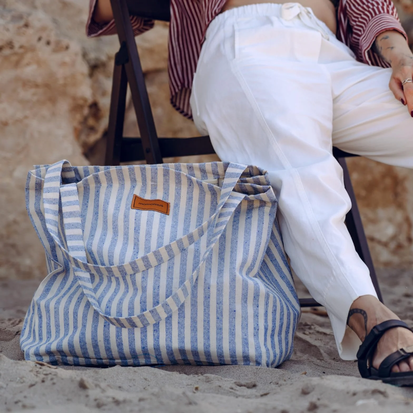 MOMOMUS Grand Sac de Plage Femme 100% Coton Recyclé Pochette Assortie Léger 60x40 cm