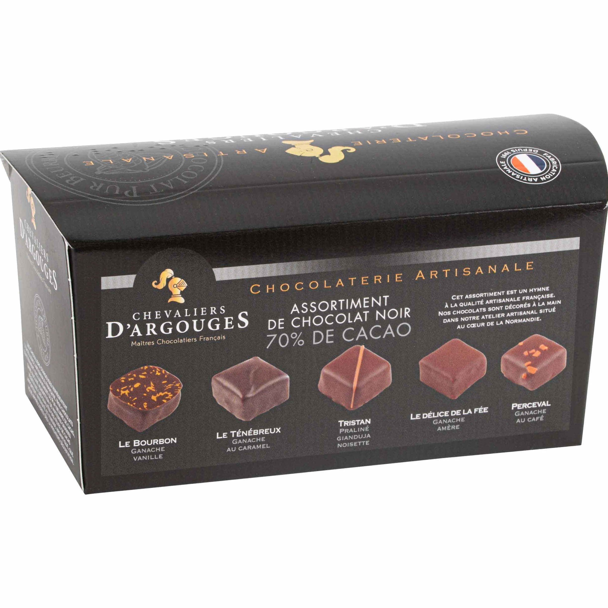 CHEVALIERS D'ARGOUGES Maîtres Chocolatiers Français - Assortiment de chocolats noir 70% - Ballotin dégustation 185g