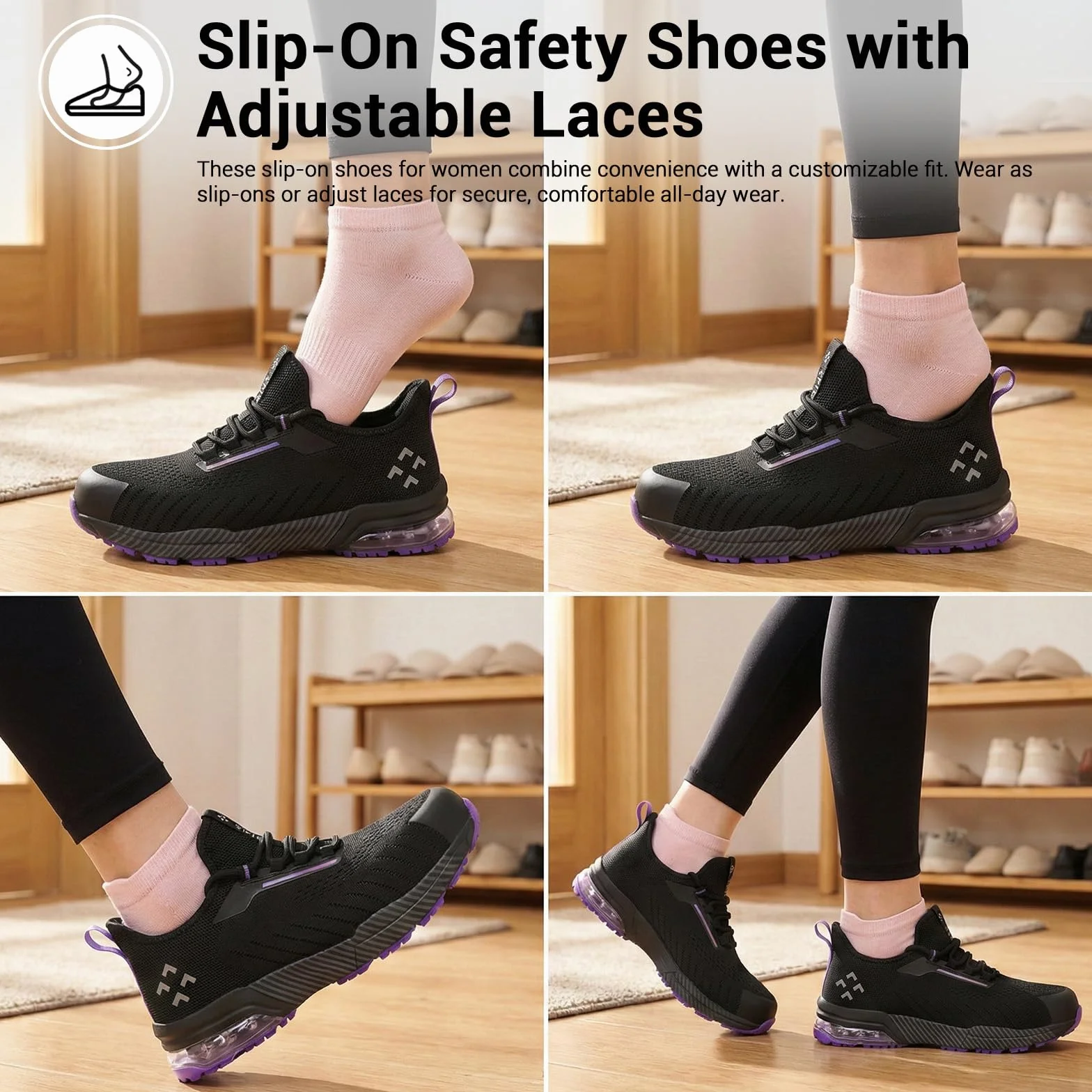 Chaussures Sécurité Femme Air Cushion Escarpins Travail Slip-on Embout Composite Noir-Violet EU 35-41
