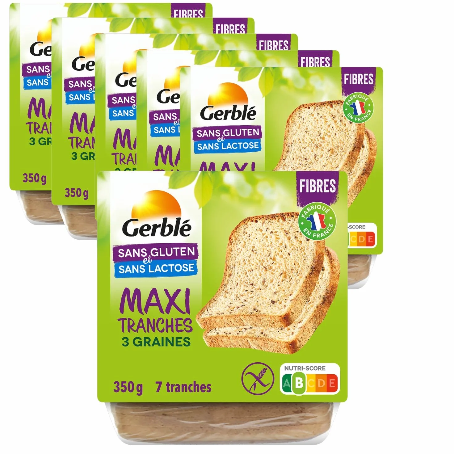 Gerblé Maxi Moelleux 3 graines Sans Gluten & Sans lactose, Lot de 6 Pains, Riche en fibres, Moelleux, 7 Tranches/Pain, 210218