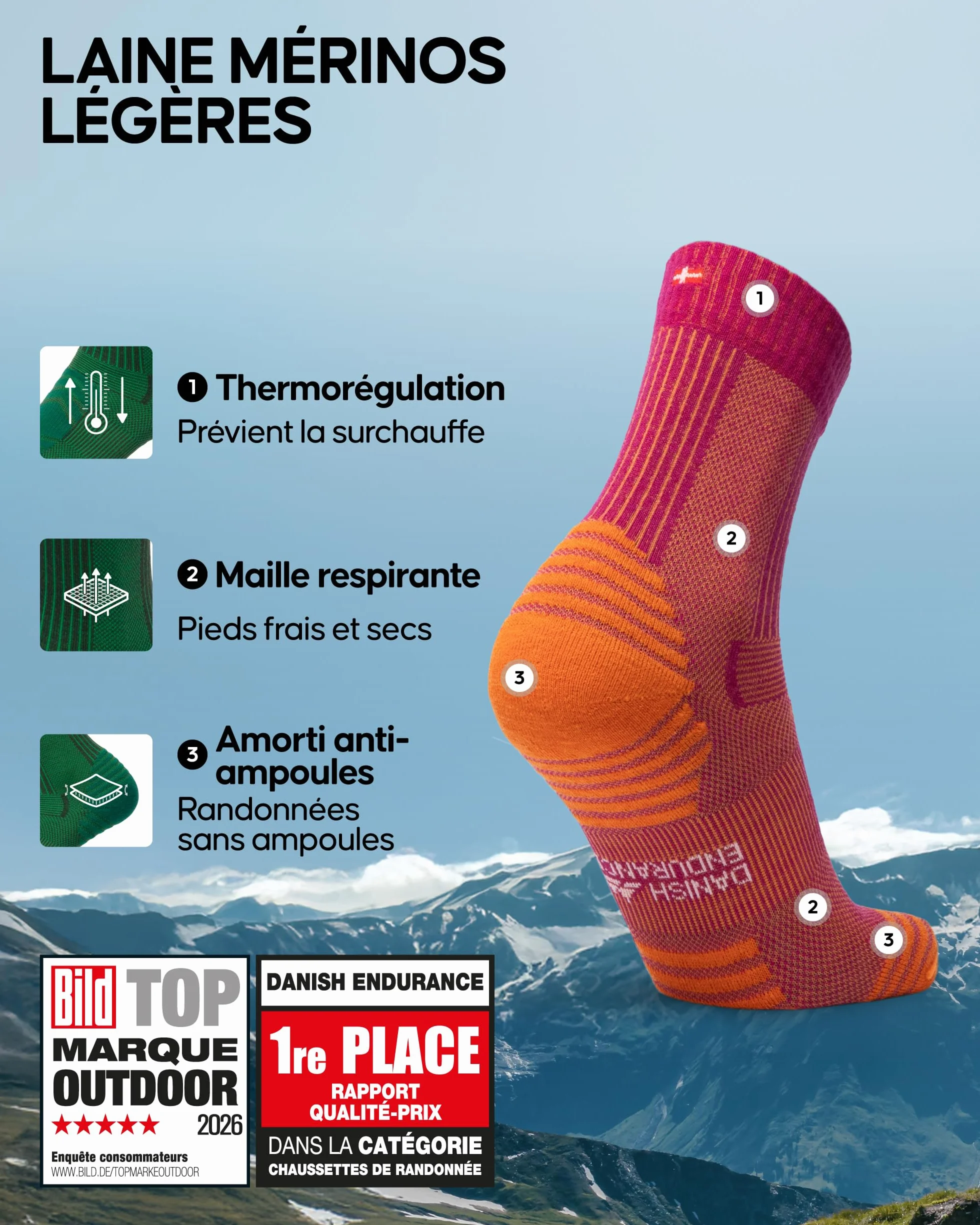 DANISH ENDURANCE Chaussettes de Randonnée en Laine Mérinos Légères Anti-Ampoules Unisexe