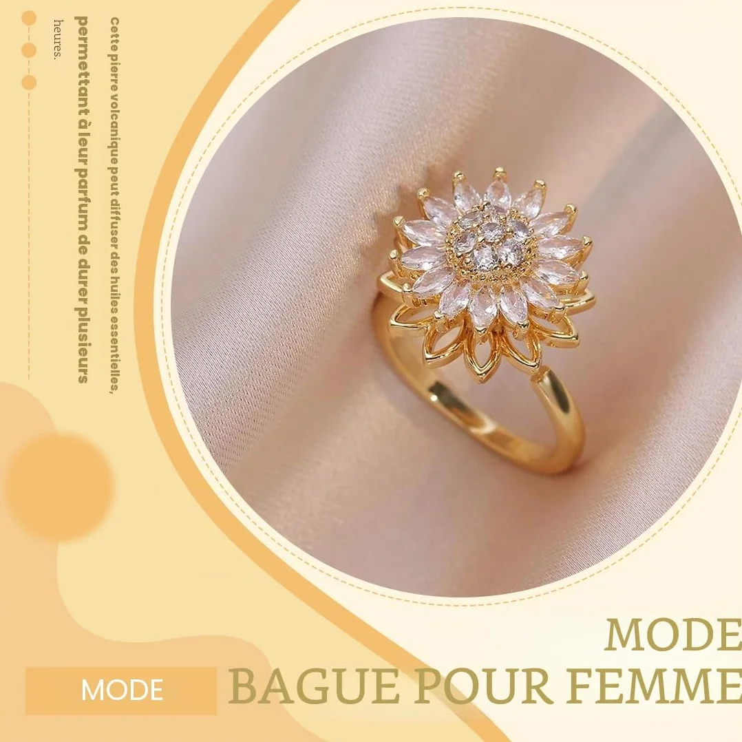 Bague Anti-Stress Femme Tournante Tournesol Strass Dorée
