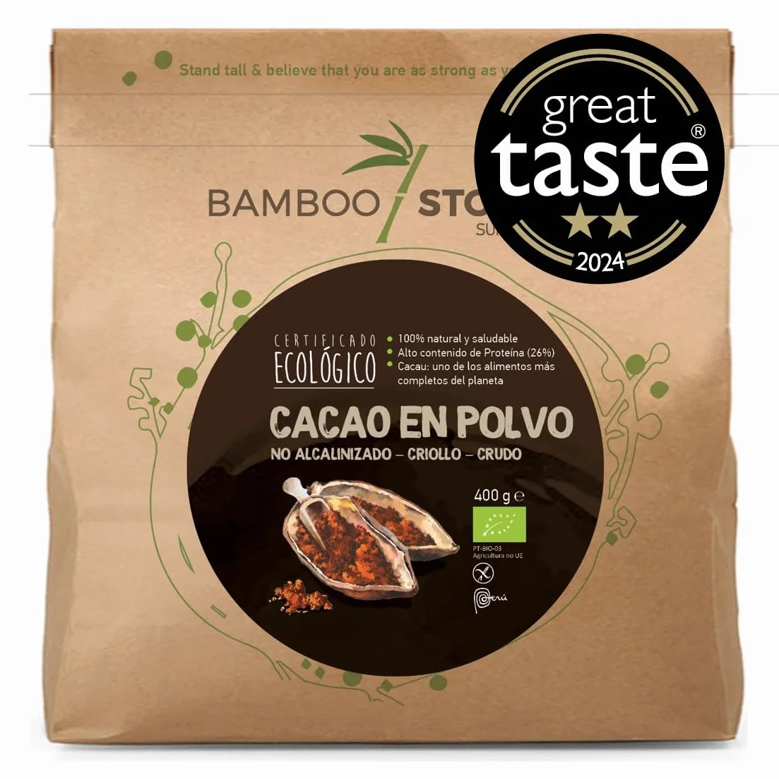 100% CRUE | NOUVEAU | Cacao Poudre | BAMBOO STORY | Biologique | 100% Pérou | Criollo Premium | Great Taste Award | Non Alcalinisé | 400g | Pur | Sans Sucre | Matières Grasses 18%