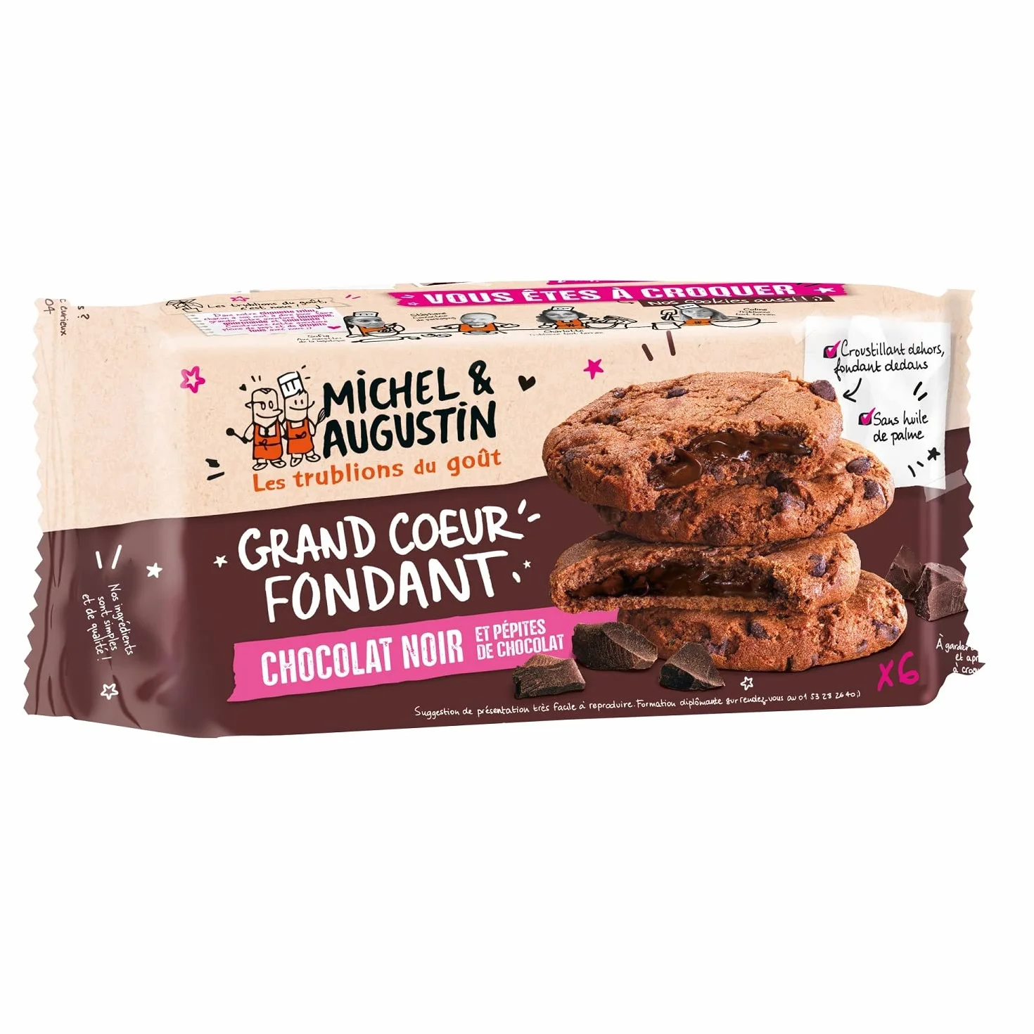 Michel et Augustin - Cookies Cœur Fondant au Chocolat Noir et Pépites de chocolat - Cookies au Cœur Fondant - 180g Lot de 3