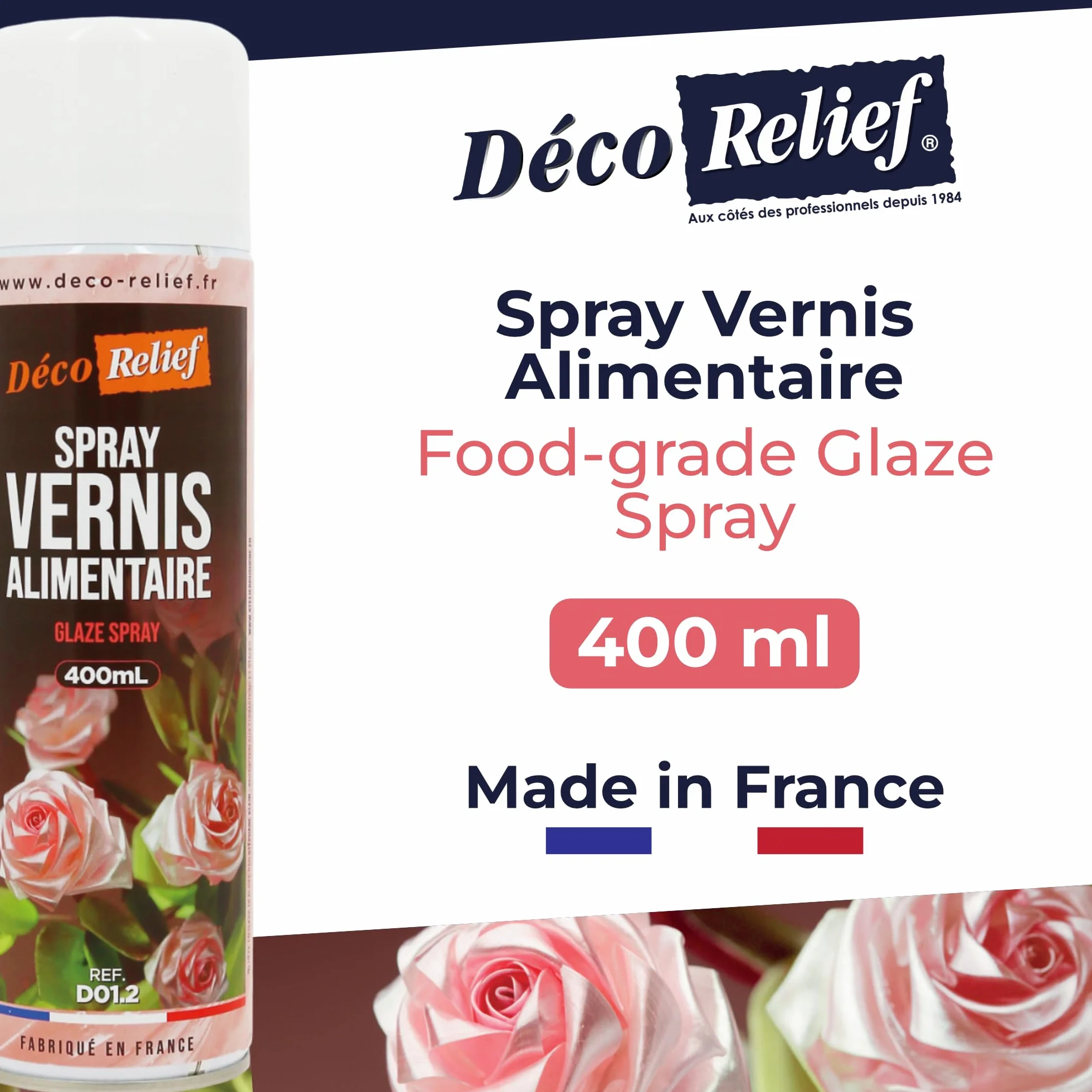 Déco Relief - Spray Vernis Alimentaire 400 ml - Fait Briller & Protège de l’Humidité - Pour Chocolats, Pièces en Sucre, Pâte d’Amandes, Nougatine, Tartes - Laque Alimentaire - D01.2.