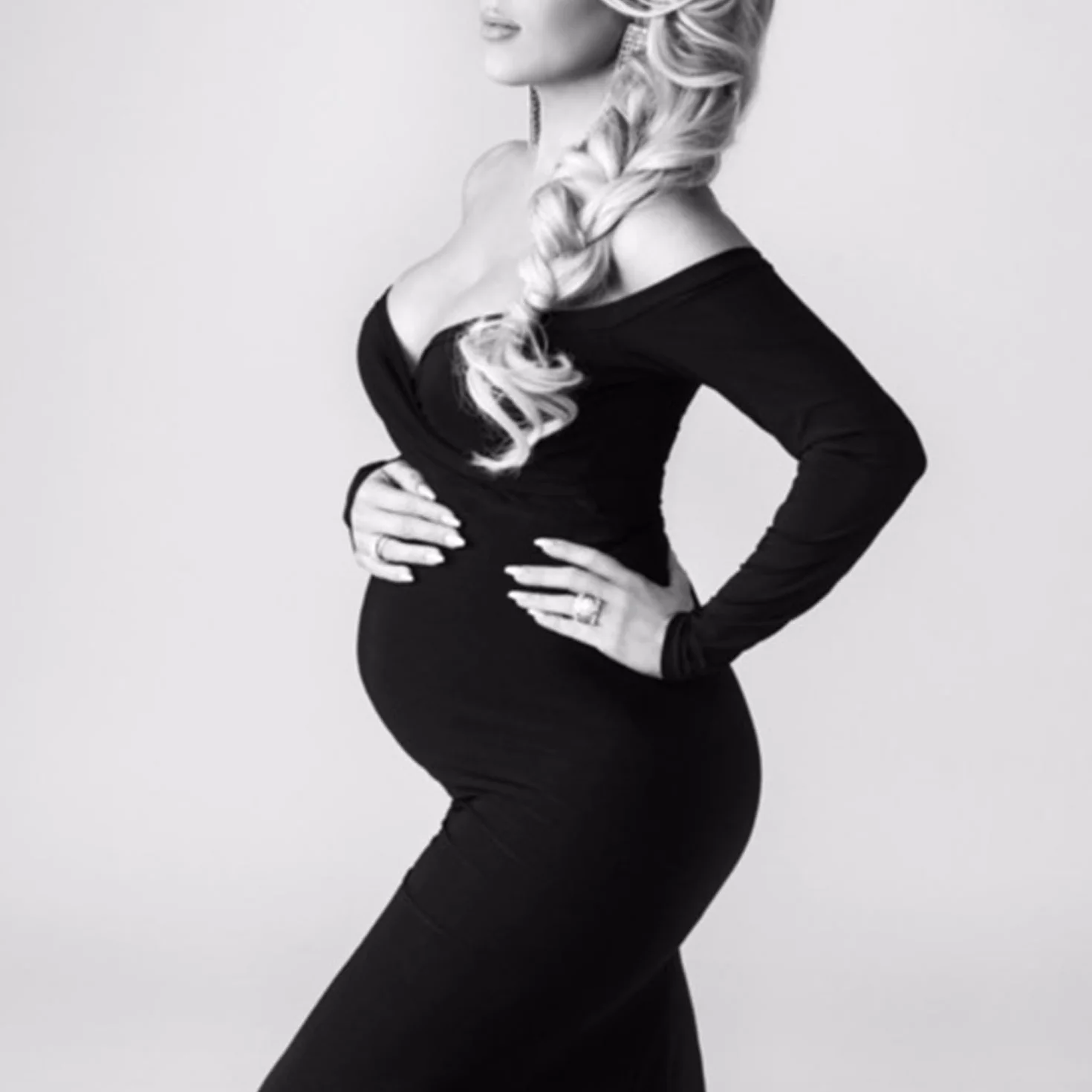 Robe de Grossesse Maternité Longue Femme Enceinte Photo Bustier Cérémonie Mariage Soirée Moulante Couleur Unie S-XL