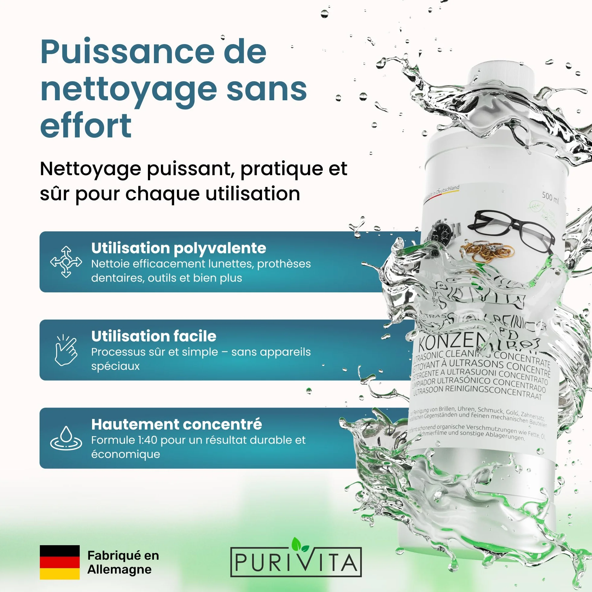 PURIVITA Nettoyeur Ultrasons Concentré 1L - Nettoyant pour Appareils Ultrasons - Liquide pour Lunettes, Bijoux & Monnaie