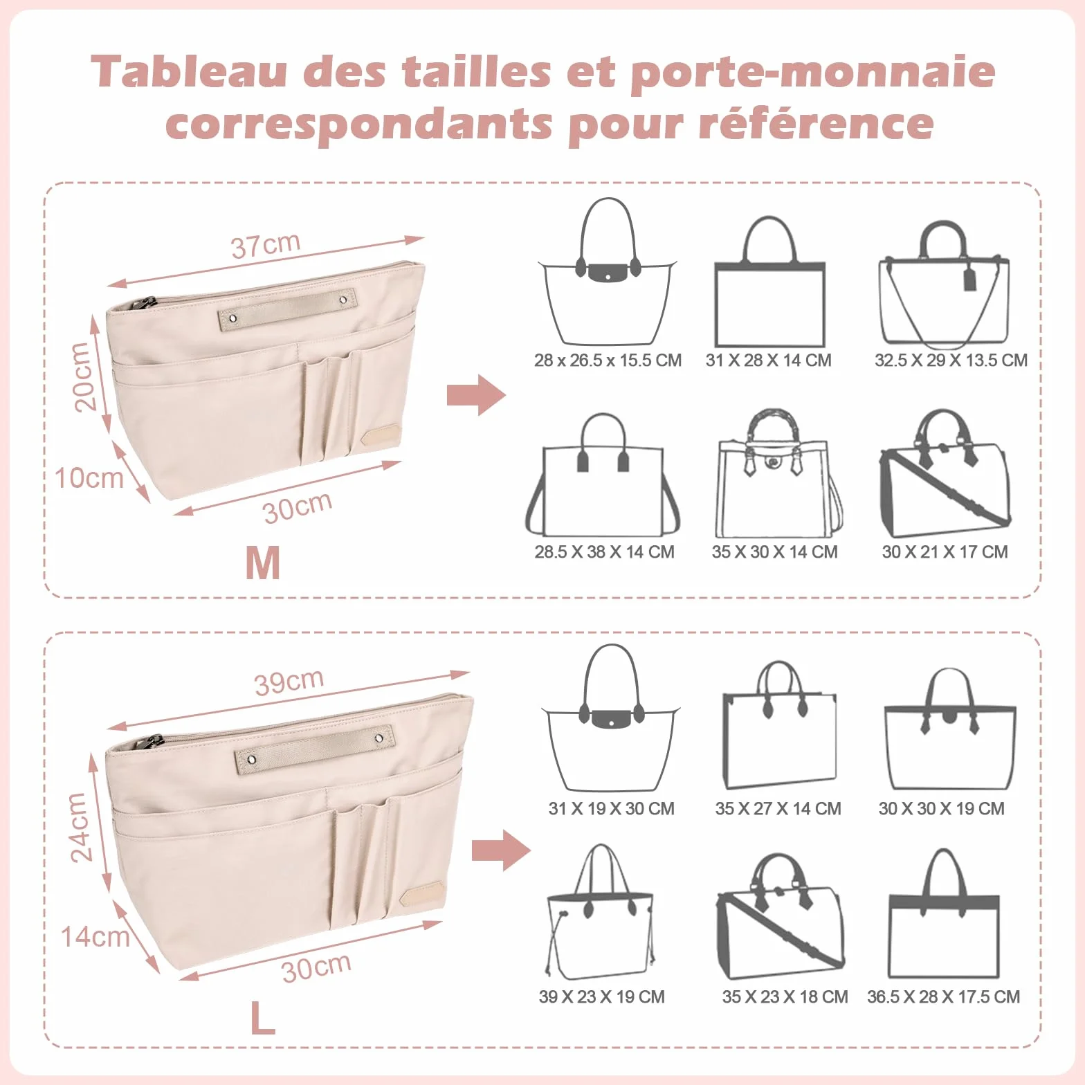 GADITIEK Organisateur Sac à Main Polyester avec Fermeture Multi Poches pour Longchamp Sac Pliage Femmes Beige L