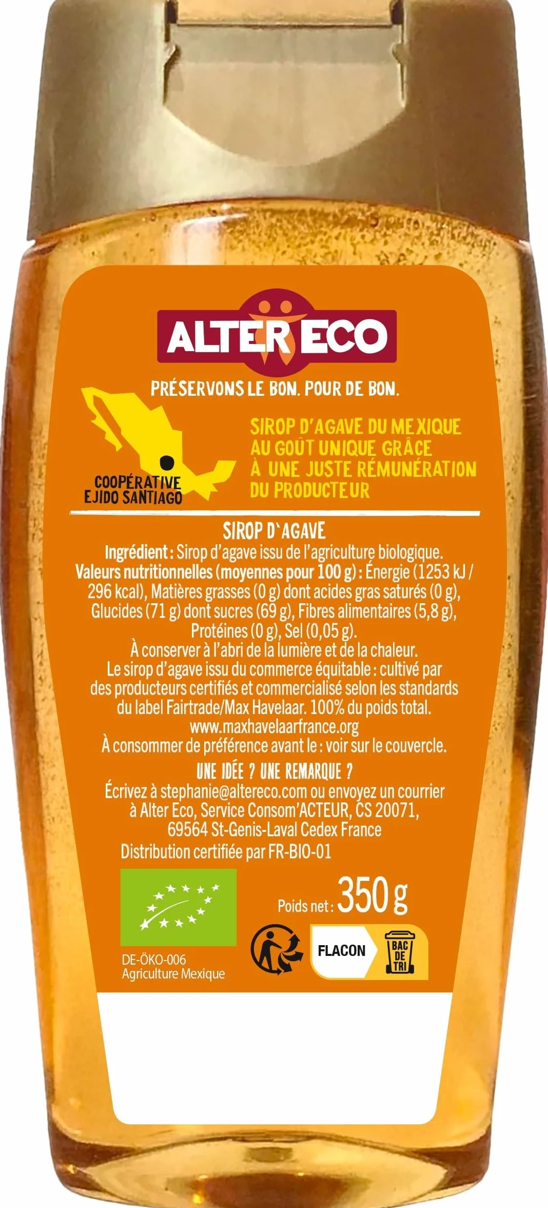 ALTER ECO - Sirop Agave Bio - Sucre d'Origine Naturelle (Fructose) - Non Raffiné - Haut Pouvoir Sucrant - 350 g