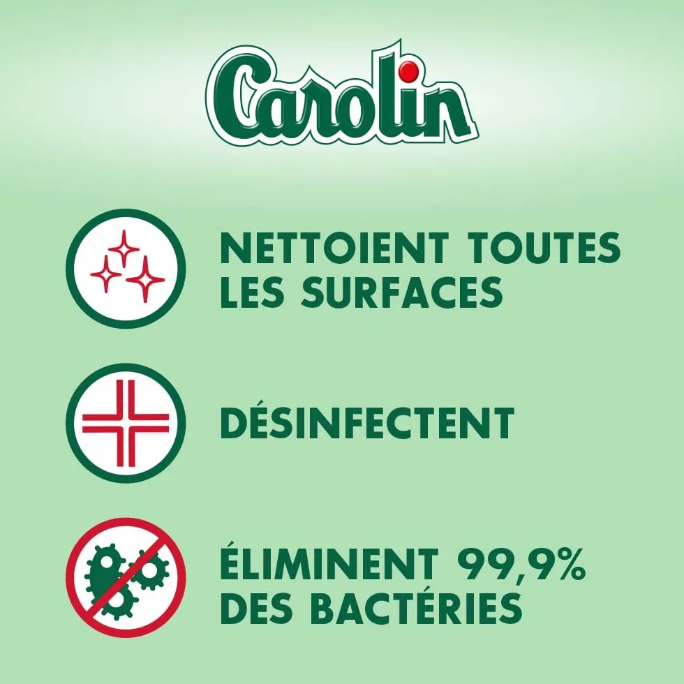 Carolin Lingettes Anti-Bactériennes à l'Huile Esssentielle d'Arbre à Thé, Sans Javel x80