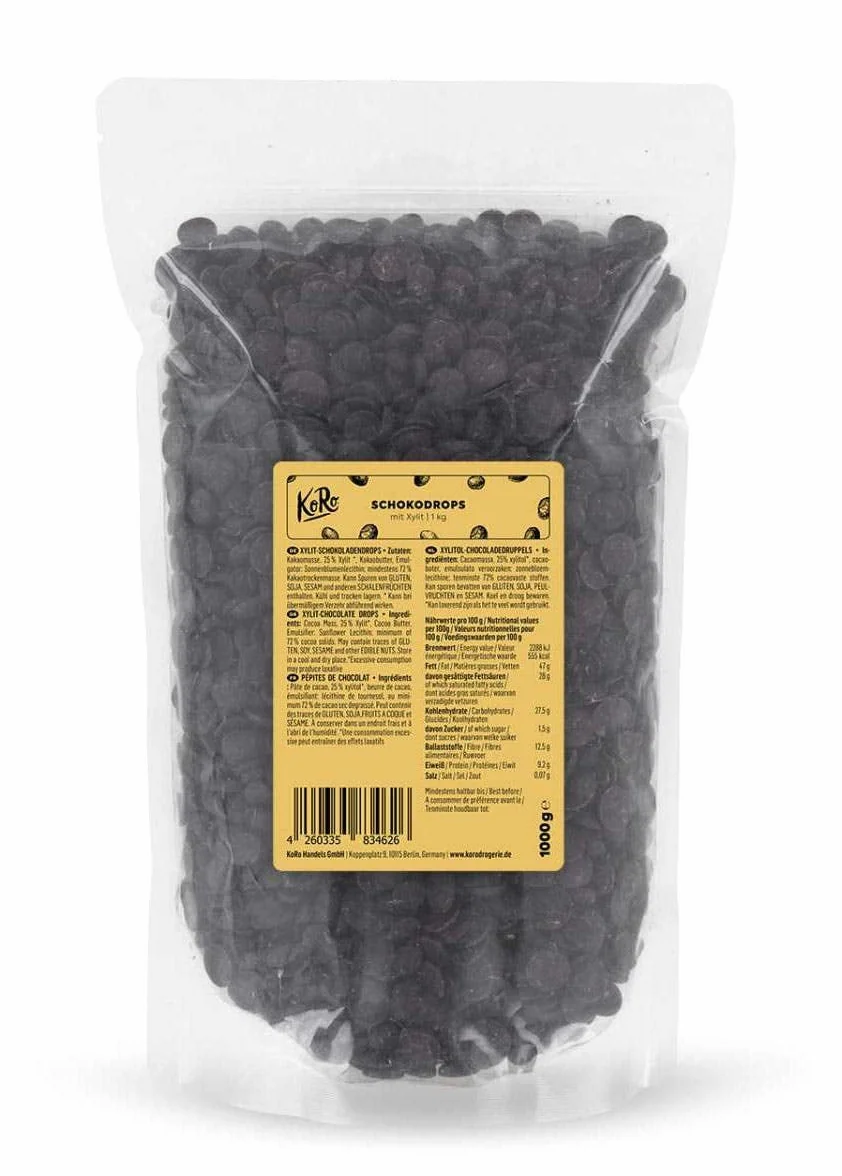 KoRo - Pépites de chocolat noir sans sucre 1 kg - Chocolat de couverture, 72% de cacao