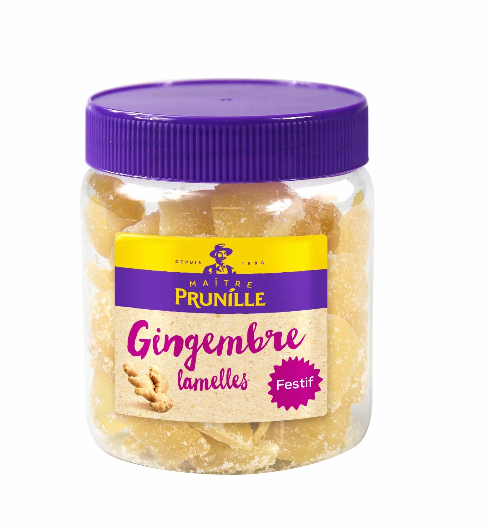 MAÎTRE PRUNILLE - Gingembre Confit Festif - Demi-Lamelle - Source De Magnésium, Fer, Calcium, Phosphore - Riche En Vitamines & Anti-Oxydant - Bocal 200 g