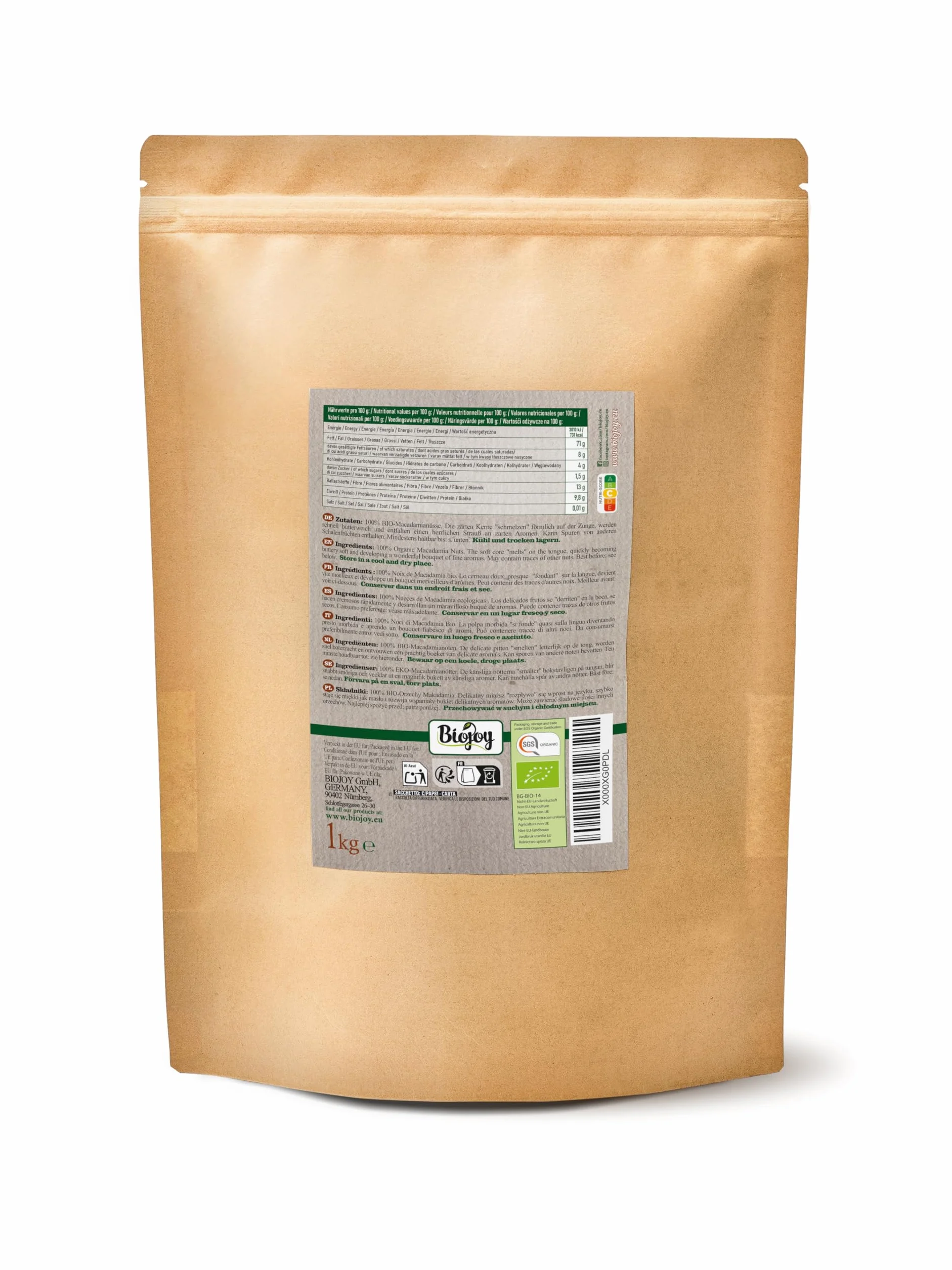 Biojoy Noix de Macadamia BIO (1 kg), entières et non salées