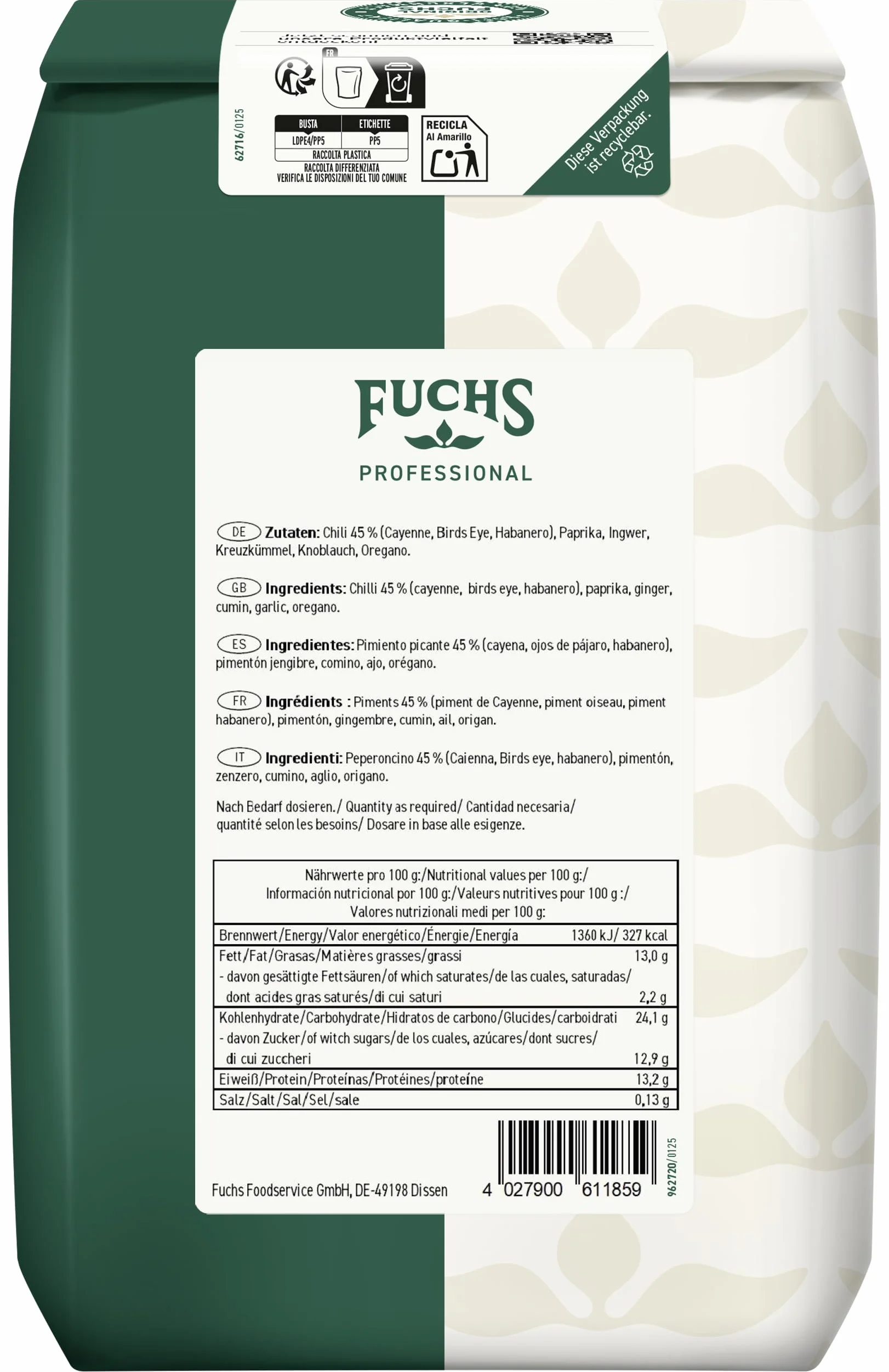 Fuchs Professional - Mélange d'épices pimenté | 1 kg | Pour les plats ardents tels que le chili à la carne | Qualité professionnelle pour les gros consommateurs