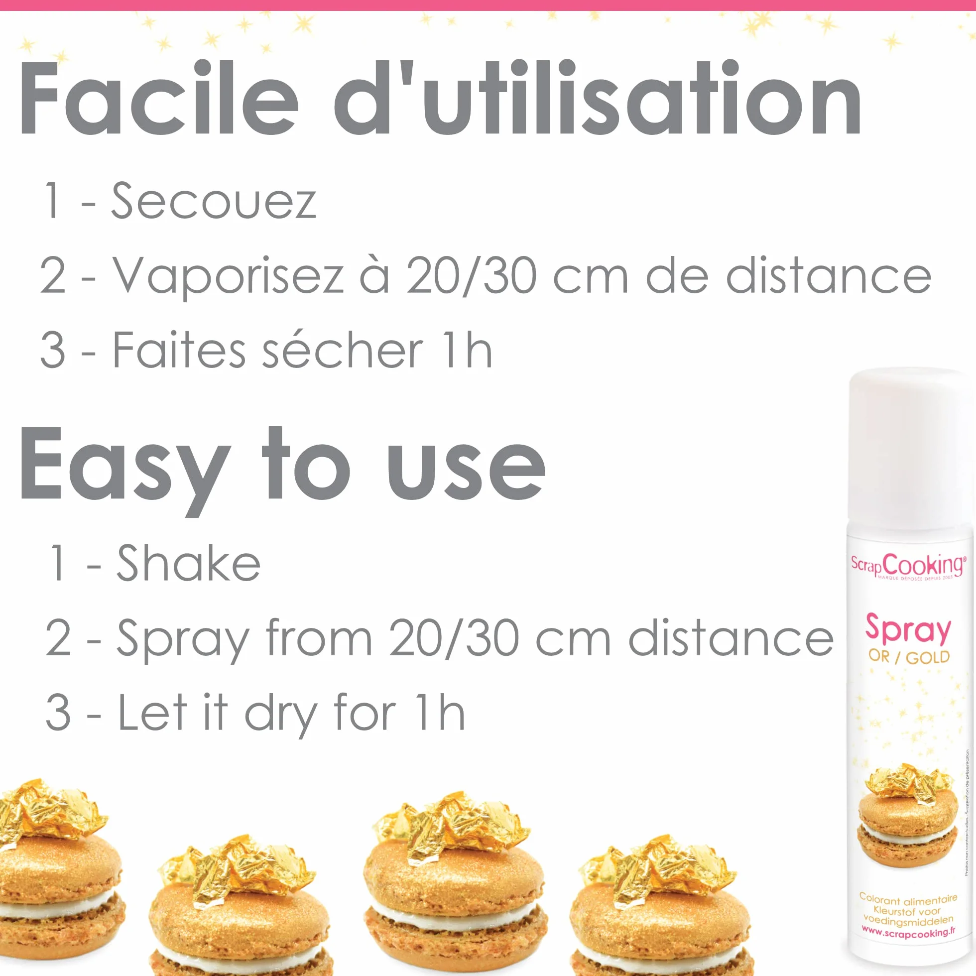 ScrapCooking - Spray Colorant de Surface Or 75 ml - Spray Alimentaire Doré pour faire Briller vos Pâtisseries, Biscuits, Macarons, Pâtes à Sucre, Cupcakes, Gâteaux, Entremets, Bûches - 4298