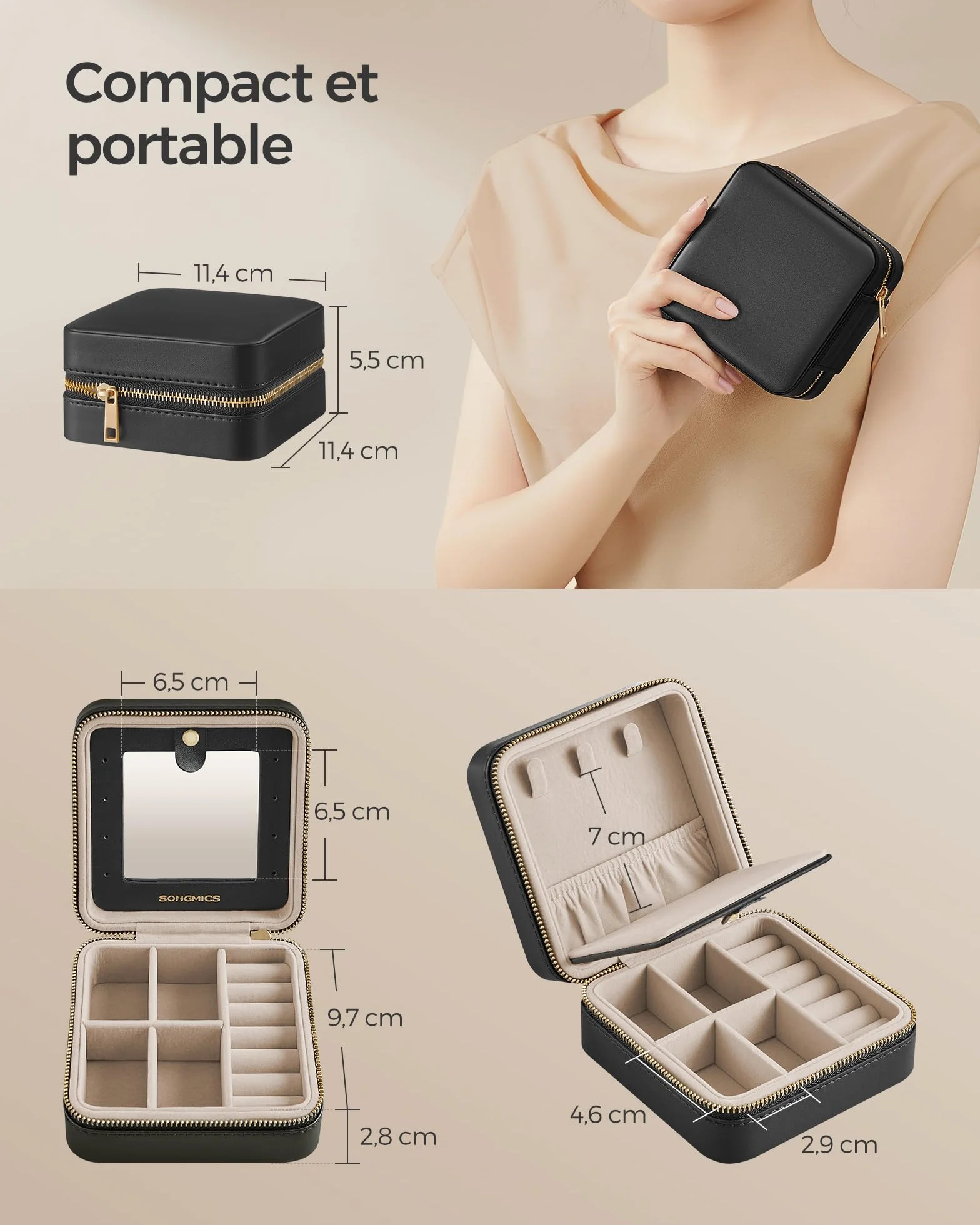 SONGMICS GISELLA Boîte à Bijoux de Voyage avec Miroir 11,4 x 11,4 x 5,5 cm Surface en PU Noir d'Encre JBC146BKV1
