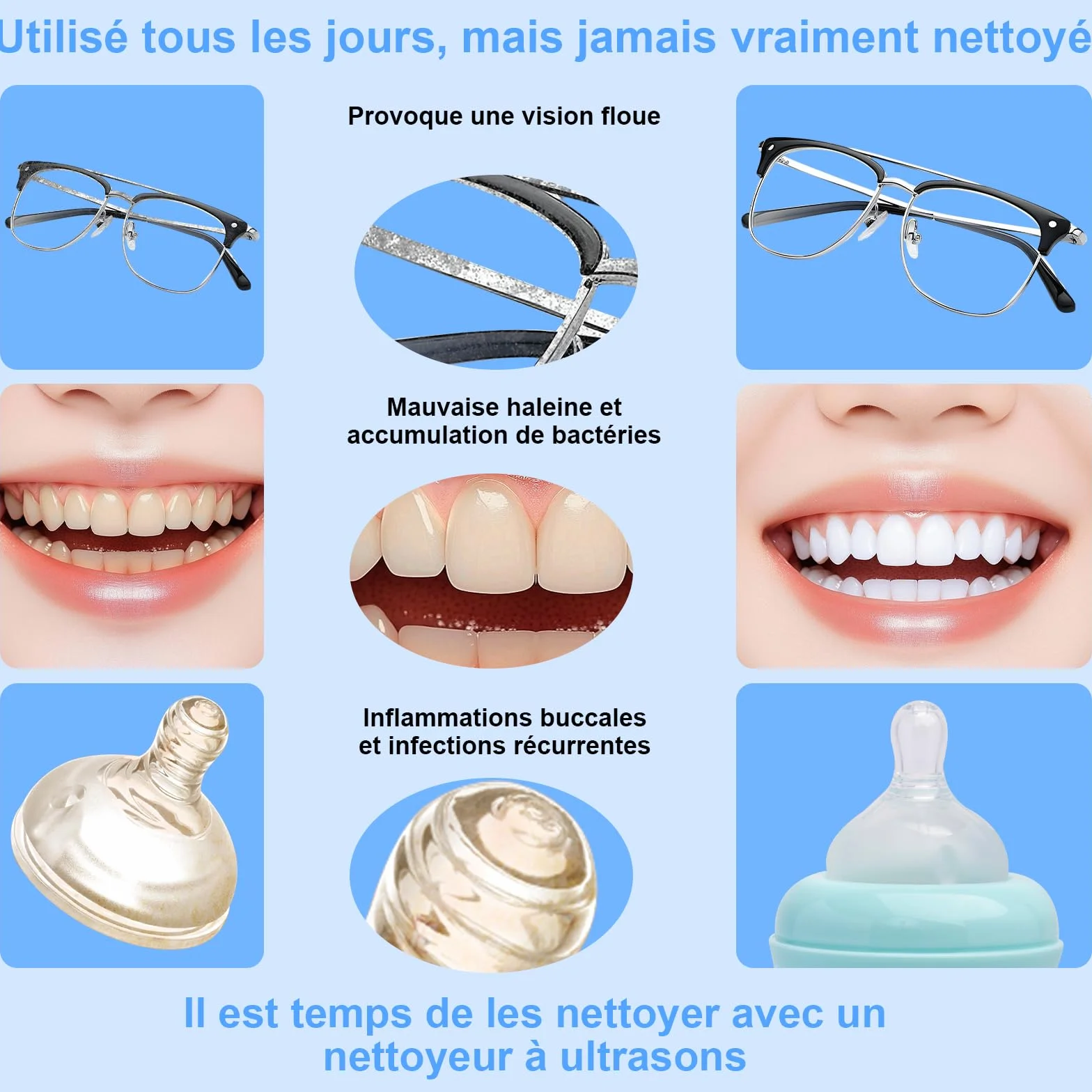 Nettoyeur Ultrasons 640 ml 49000HZ Bac à Ultrason Portable pour Lunettes, Bagues
