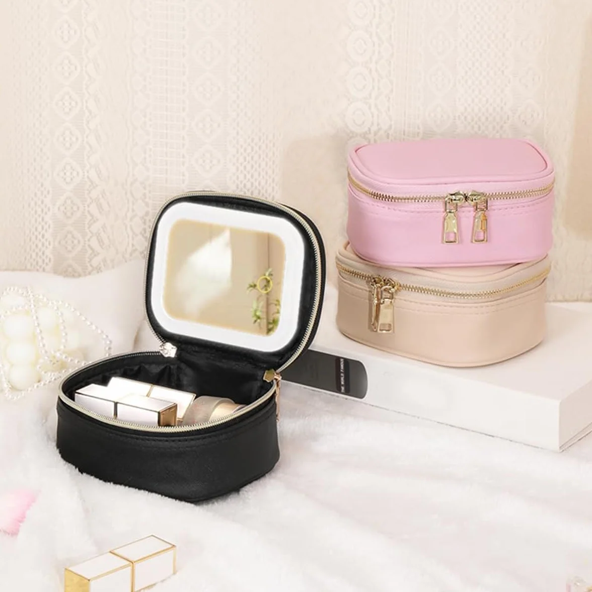 Trousse de maquillage avec miroir LED PU Noir Moderne