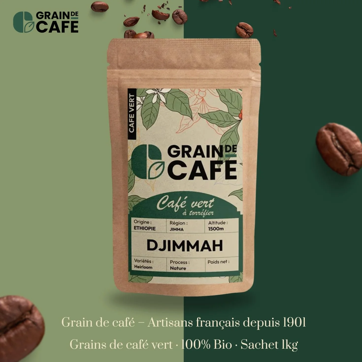 Graindecafé – Café Vert Éthiopie Djimmah G5 1kg | 100% Arabica Naturel Non Torréfié | De Forêt À Torréfier Soi-Même | Notes De Moka Et Épices | Idéal Machine À Grain Une Fois Torréfié