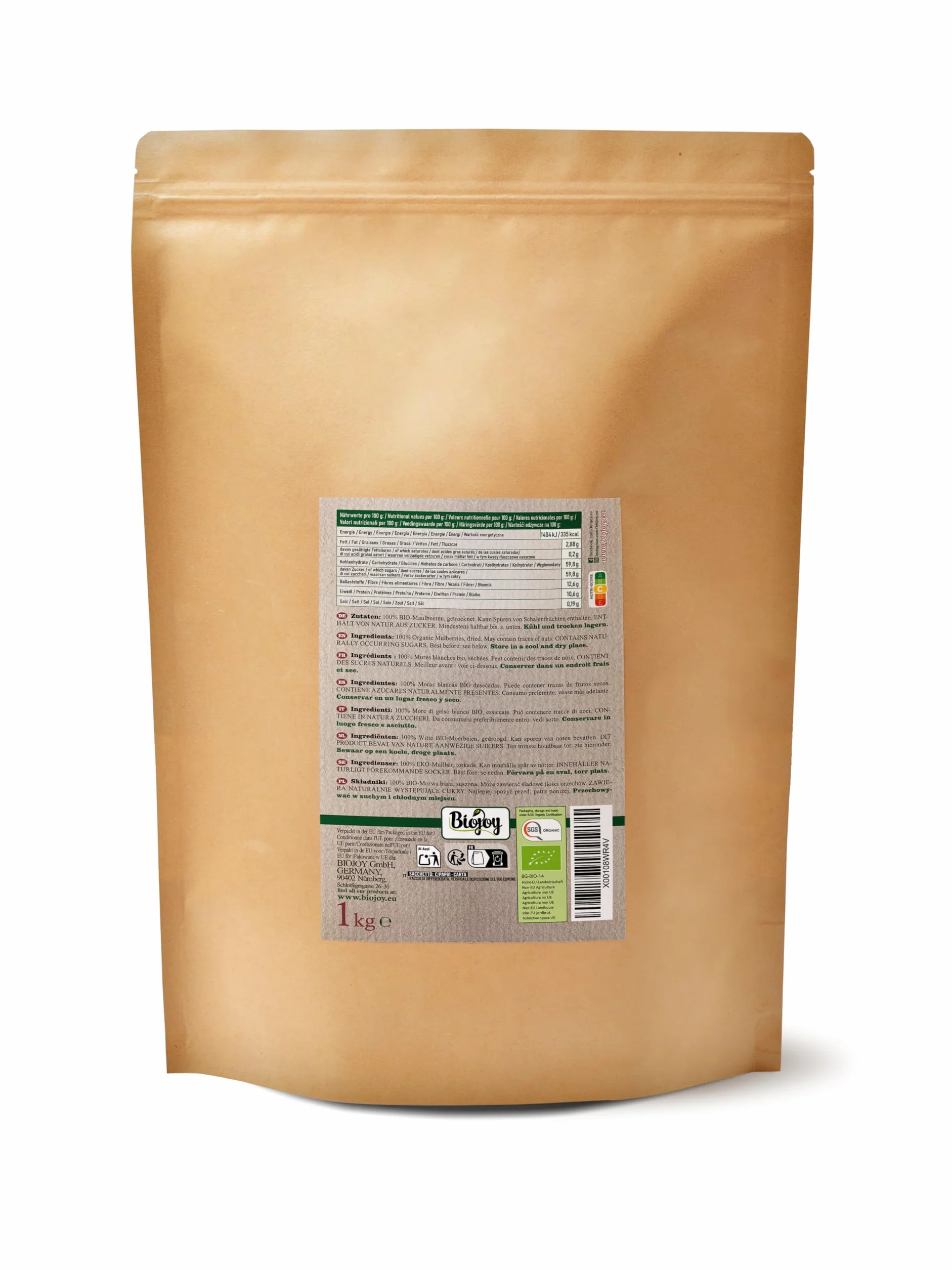 Biojoy Mûres blanches séchées BIO (1 kg), entières et non-soufrés