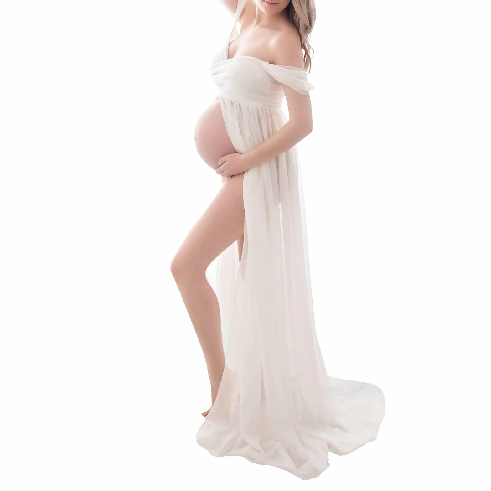 Robe Grossesse Photographie Dentelle Epaule Dénudée Femme Enceinte Mousseline Soie Shooting Photo Cérémonie