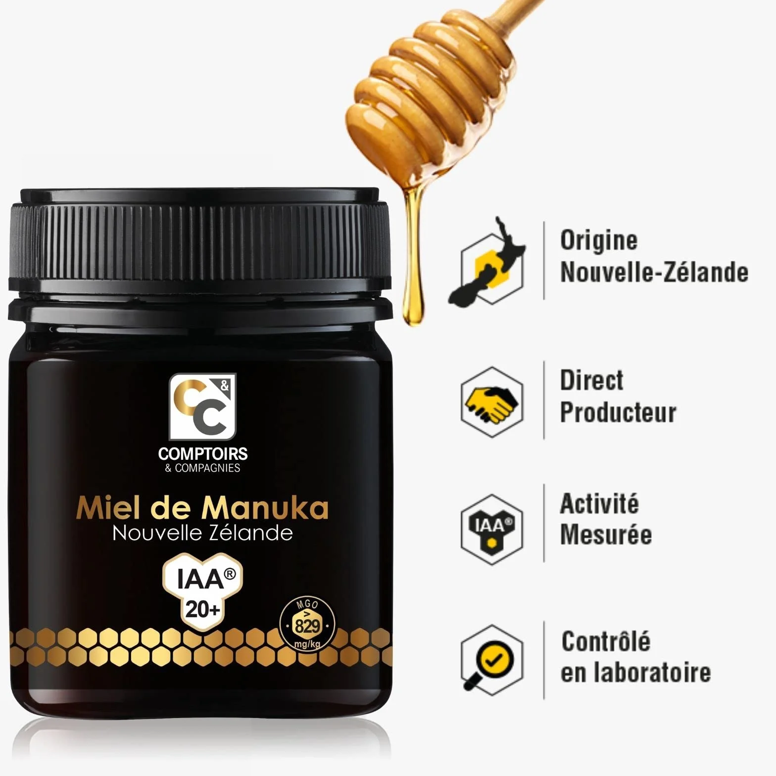 COMPTOIRS ET COMPAGNIES - Miel de Manuka Actif - IAA20+ (MGO829+) - Origine Nouvelle Zélande - 250g