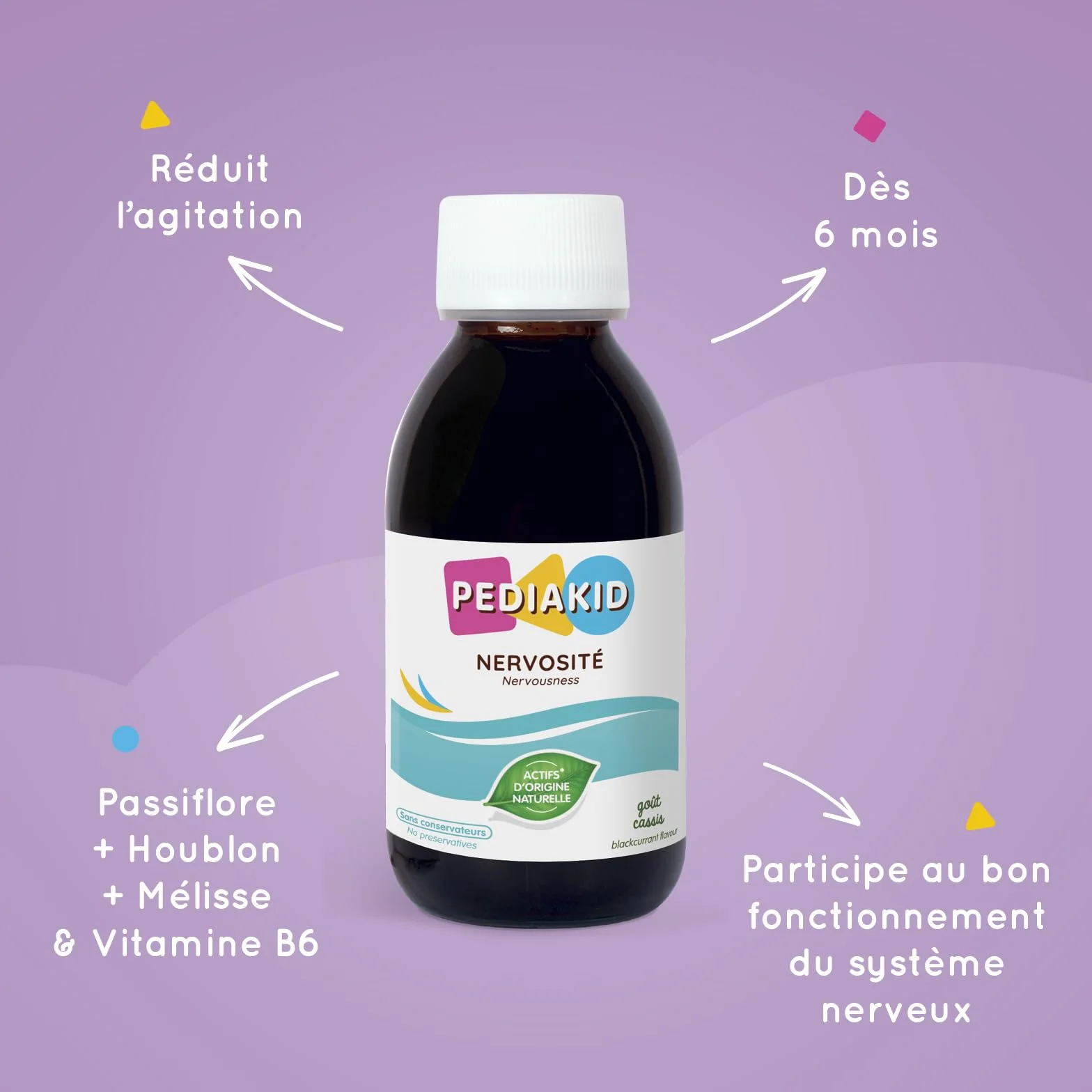 PEDIAKID - Sirop Nervosité - Complément alimentaire naturel - Formule exclusive au sirop d'Agave - Favorise l'apaisement & l'équilibre émotionnel - Réduit l'agitation - Goût Cassis - Flacon de 125 ml