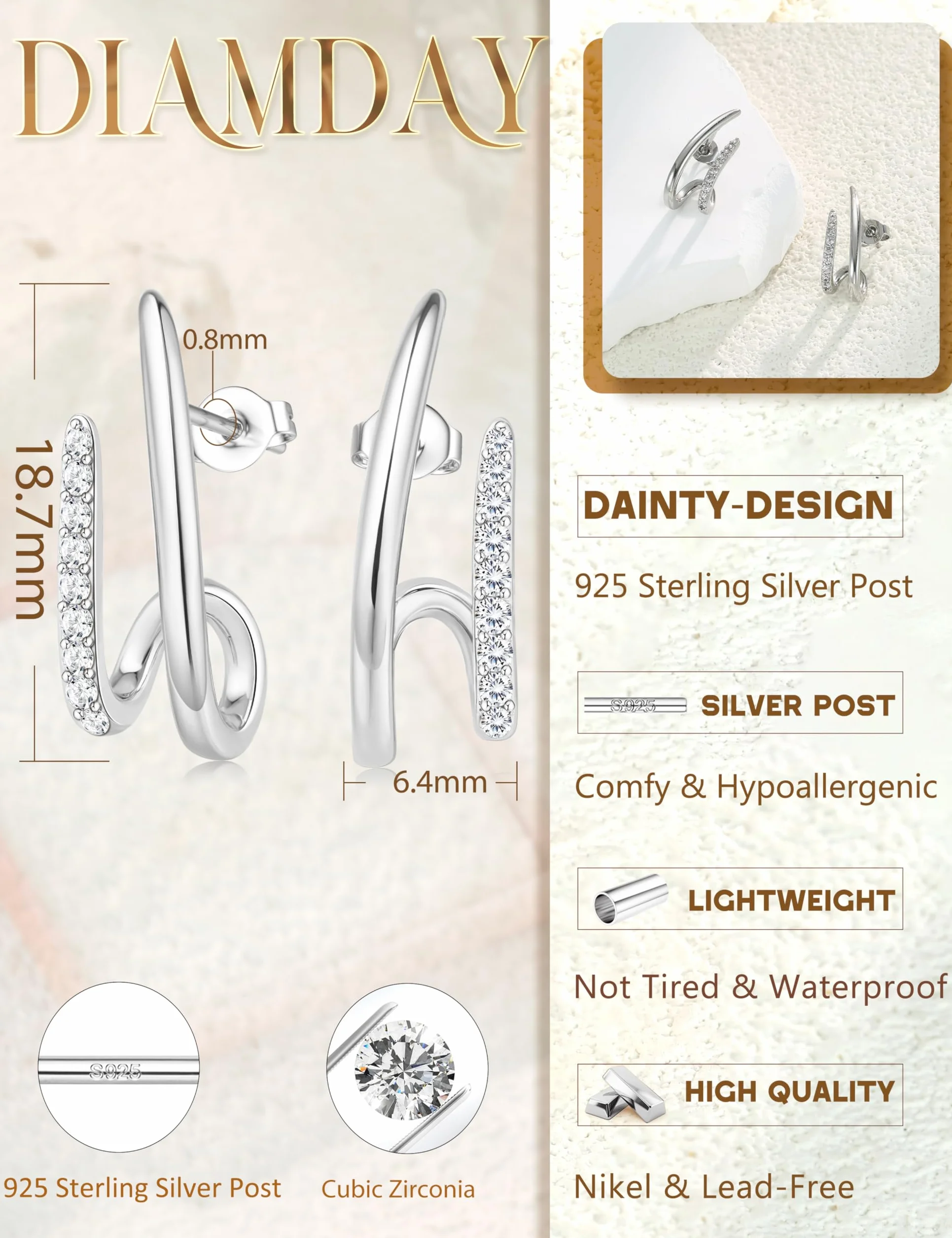 Boucles d'oreilles en argent 925 et zircons hypoallergéniques pour oreilles sensibles - Petites décoratives - Cadeau tendance